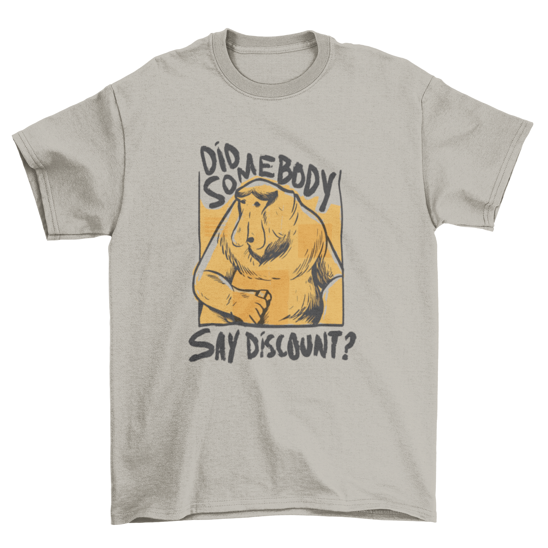 A vibrant t-shirt featuring a long-nosed monkey design with the quote 'Did somebody say discount?' in a playful font.