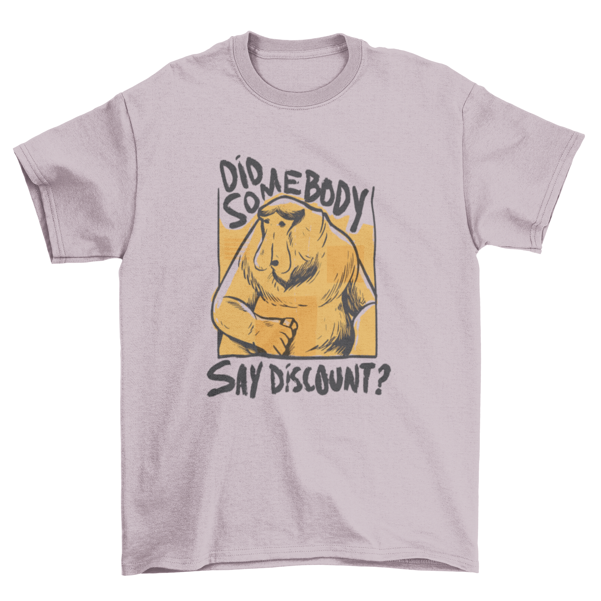 A vibrant t-shirt featuring a long-nosed monkey design with the quote 'Did somebody say discount?' in a playful font.