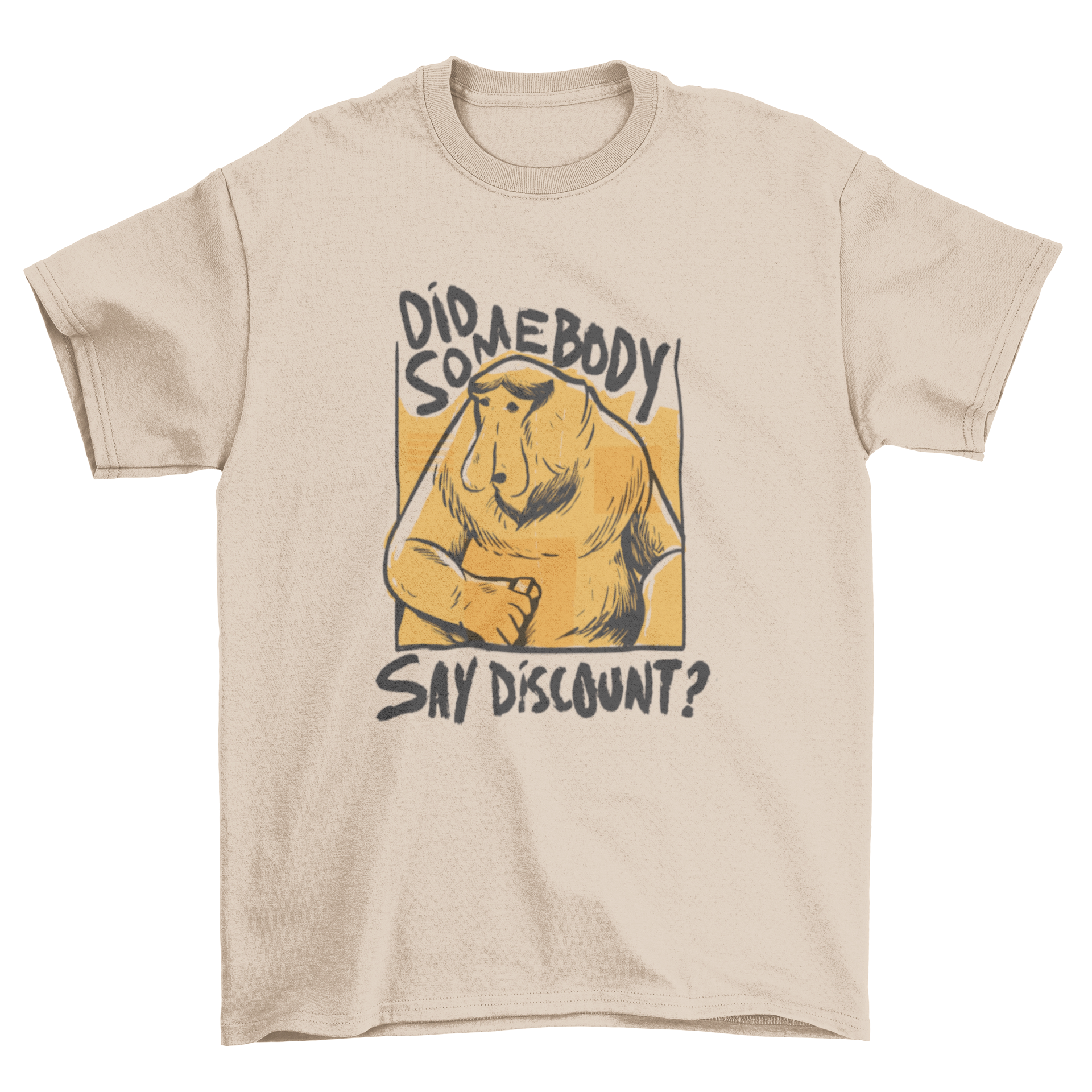 A vibrant t-shirt featuring a long-nosed monkey design with the quote 'Did somebody say discount?' in a playful font.