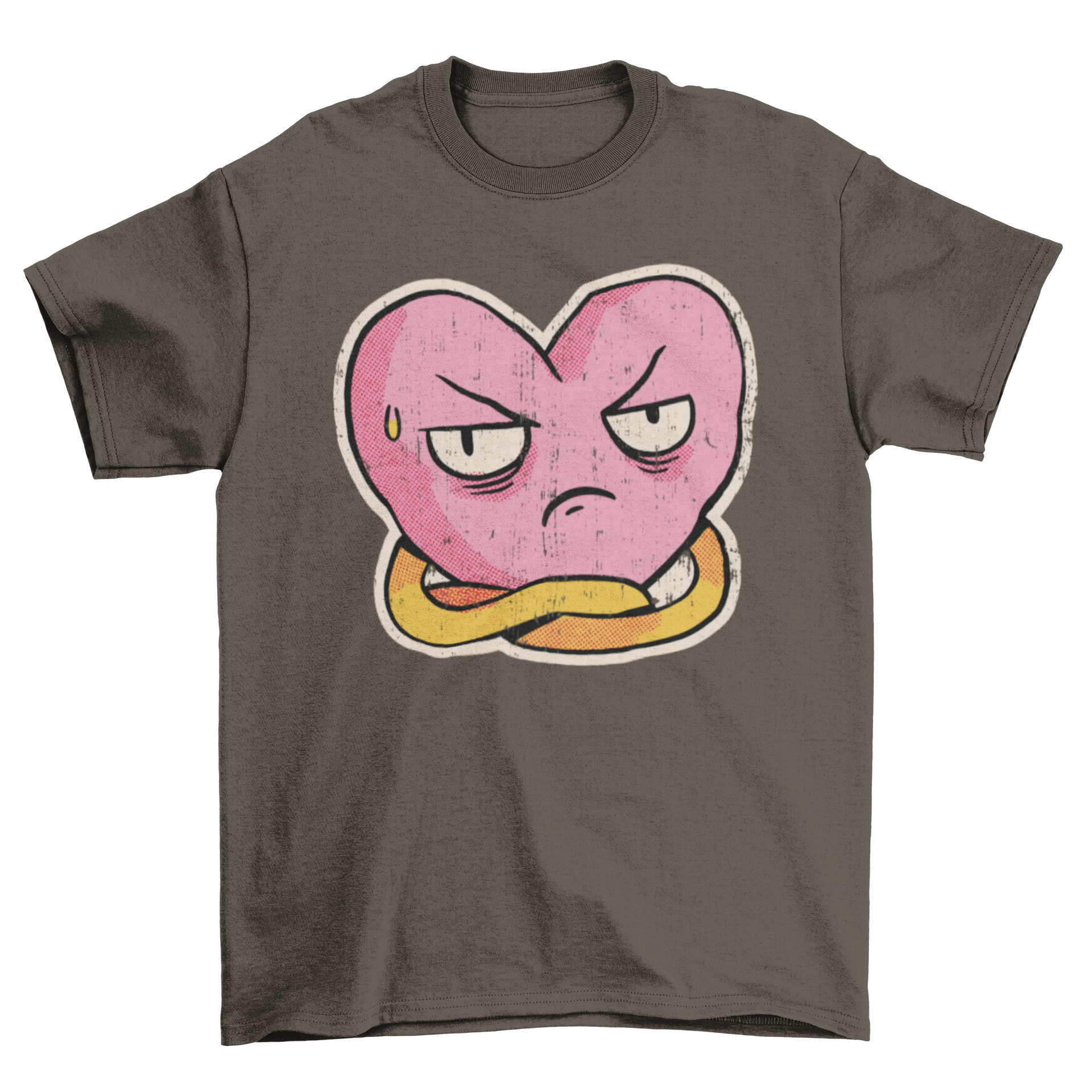 Disgusted heart graphic on a casual t-shirt, perfect for anti-Valentine's Day.