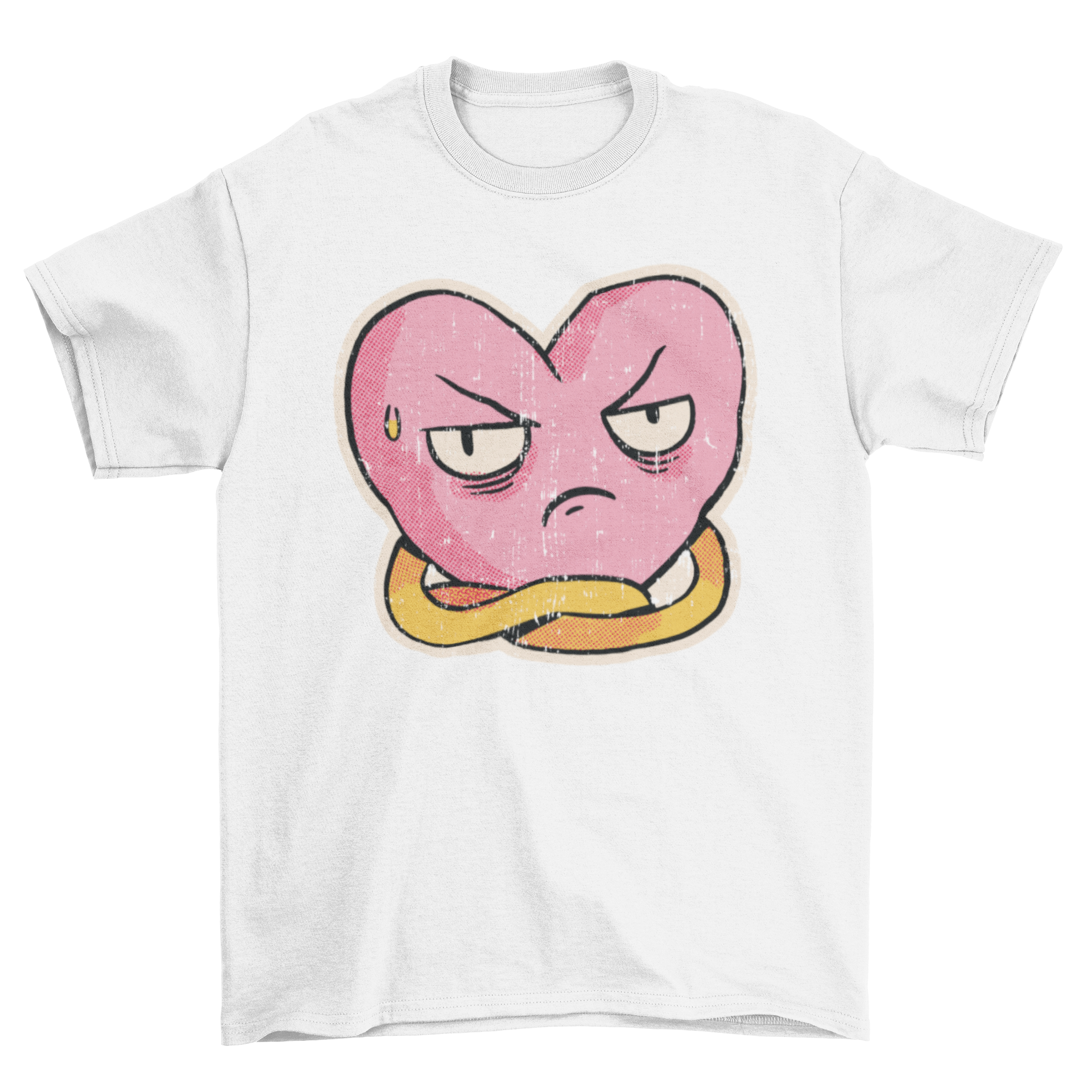 Disgusted heart graphic on a casual t-shirt, perfect for anti-Valentine's Day.