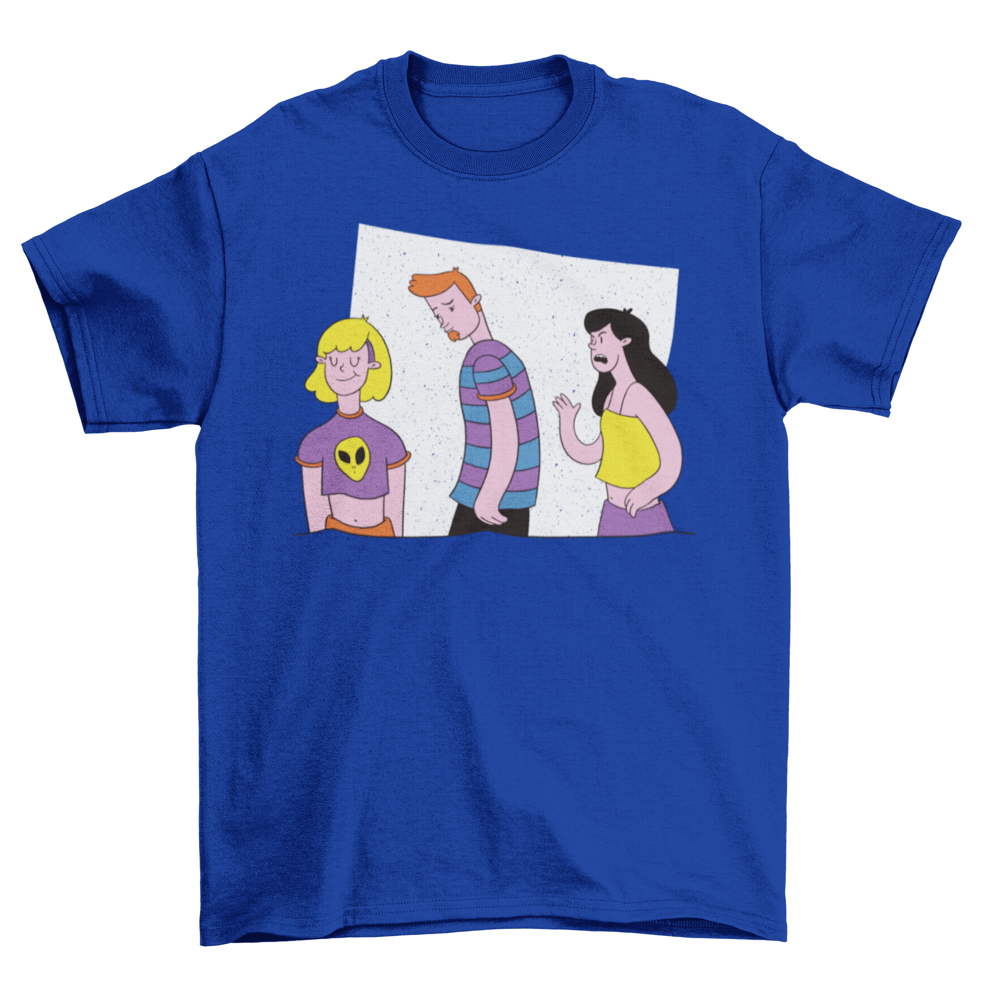 A humorous t-shirt featuring the Distracted Boyfriend meme design, showcasing a man looking at another woman while his girlfriend looks disapprovingly.