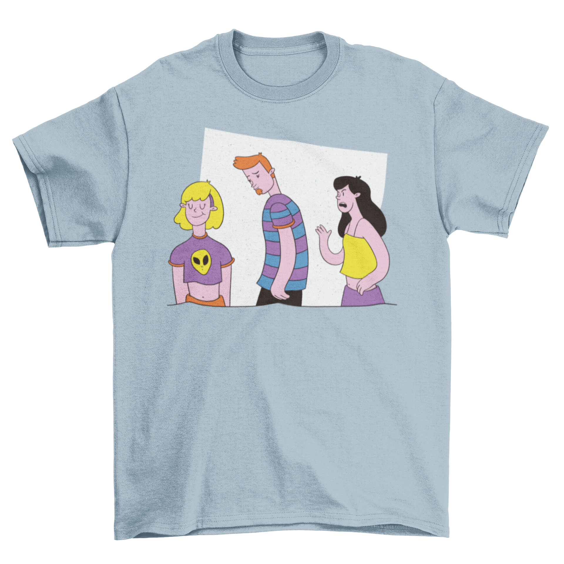 A humorous t-shirt featuring the Distracted Boyfriend meme design, showcasing a man looking at another woman while his girlfriend looks disapprovingly.