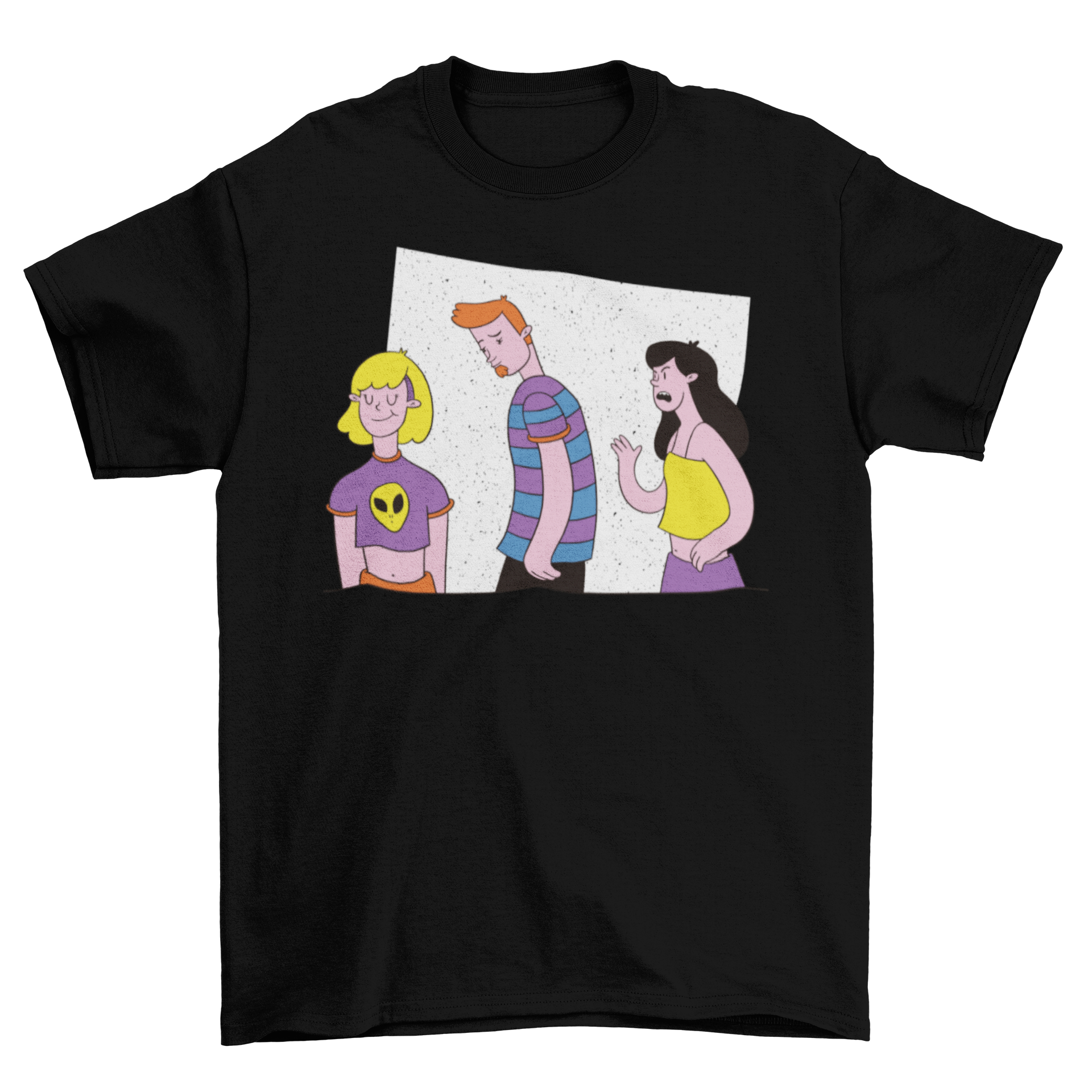 A humorous t-shirt featuring the Distracted Boyfriend meme design, showcasing a man looking at another woman while his girlfriend looks disapprovingly.