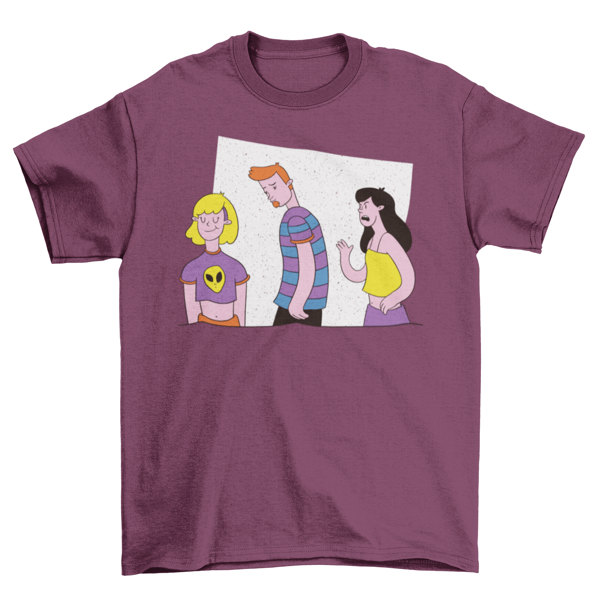 A humorous t-shirt featuring the Distracted Boyfriend meme design, showcasing a man looking at another woman while his girlfriend looks disapprovingly.