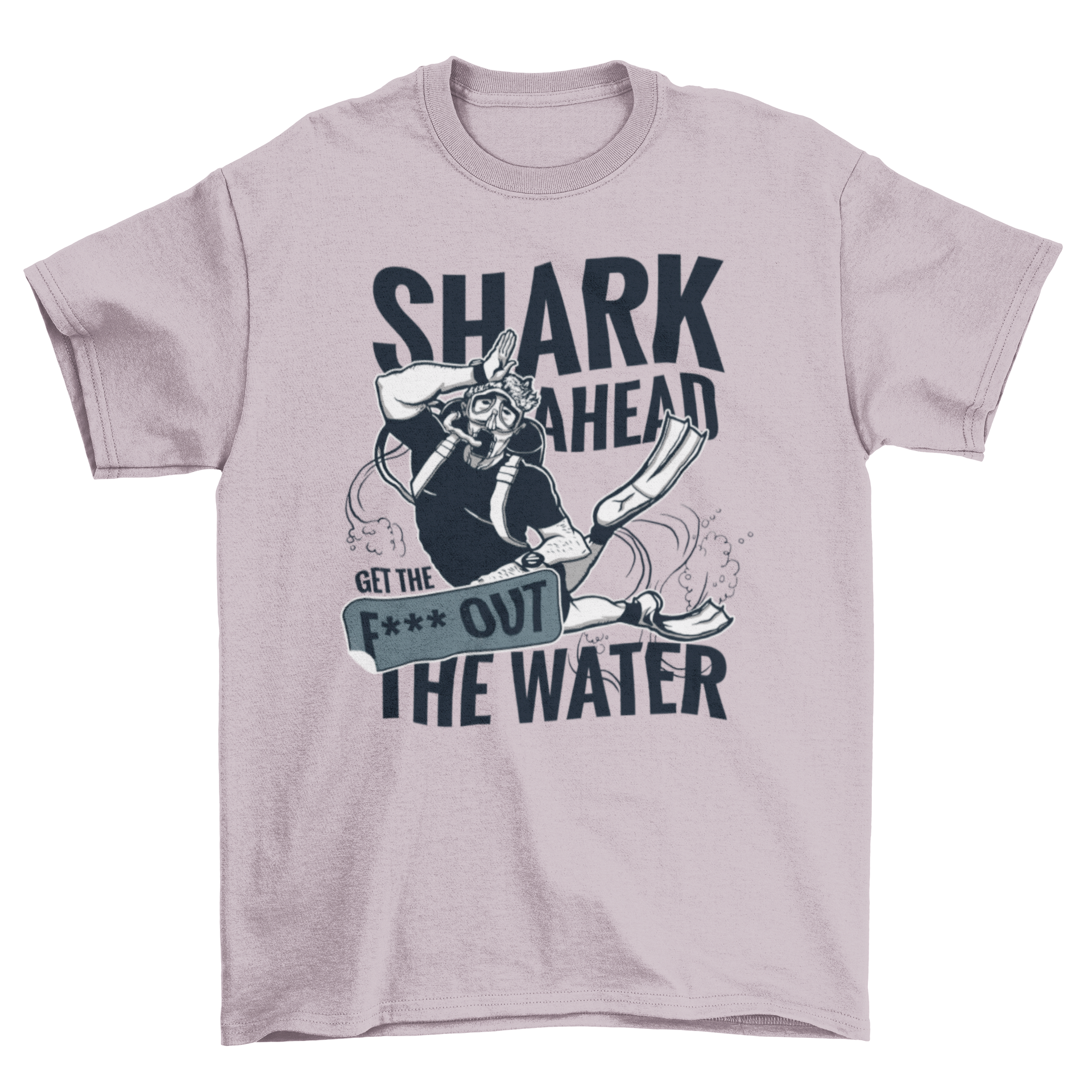 A stylish t-shirt featuring a diver graphic and the quote 'Shark ahead, get out of the water', perfect for ocean enthusiasts.