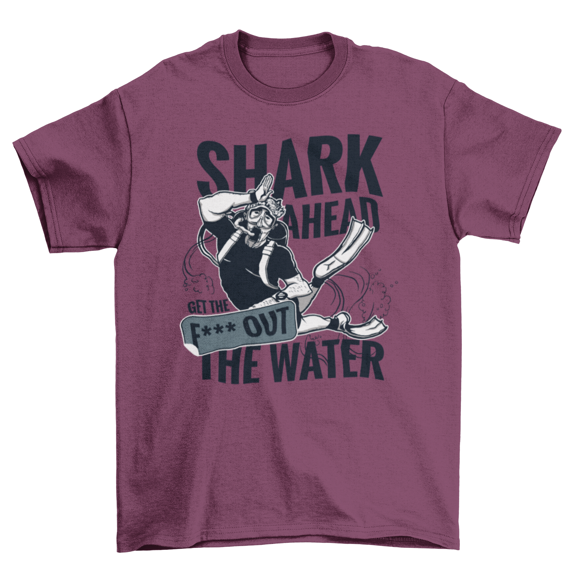 A stylish t-shirt featuring a diver graphic and the quote 'Shark ahead, get out of the water', perfect for ocean enthusiasts.