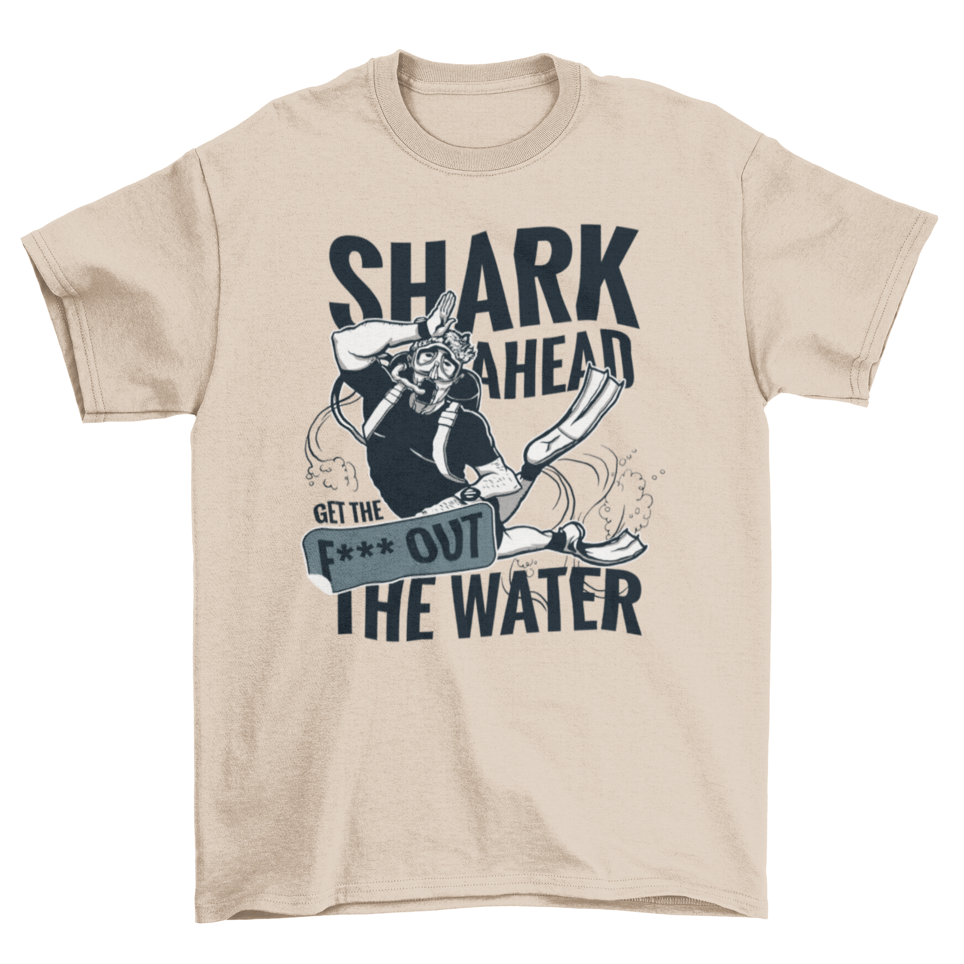 A stylish t-shirt featuring a diver graphic and the quote 'Shark ahead, get out of the water', perfect for ocean enthusiasts.