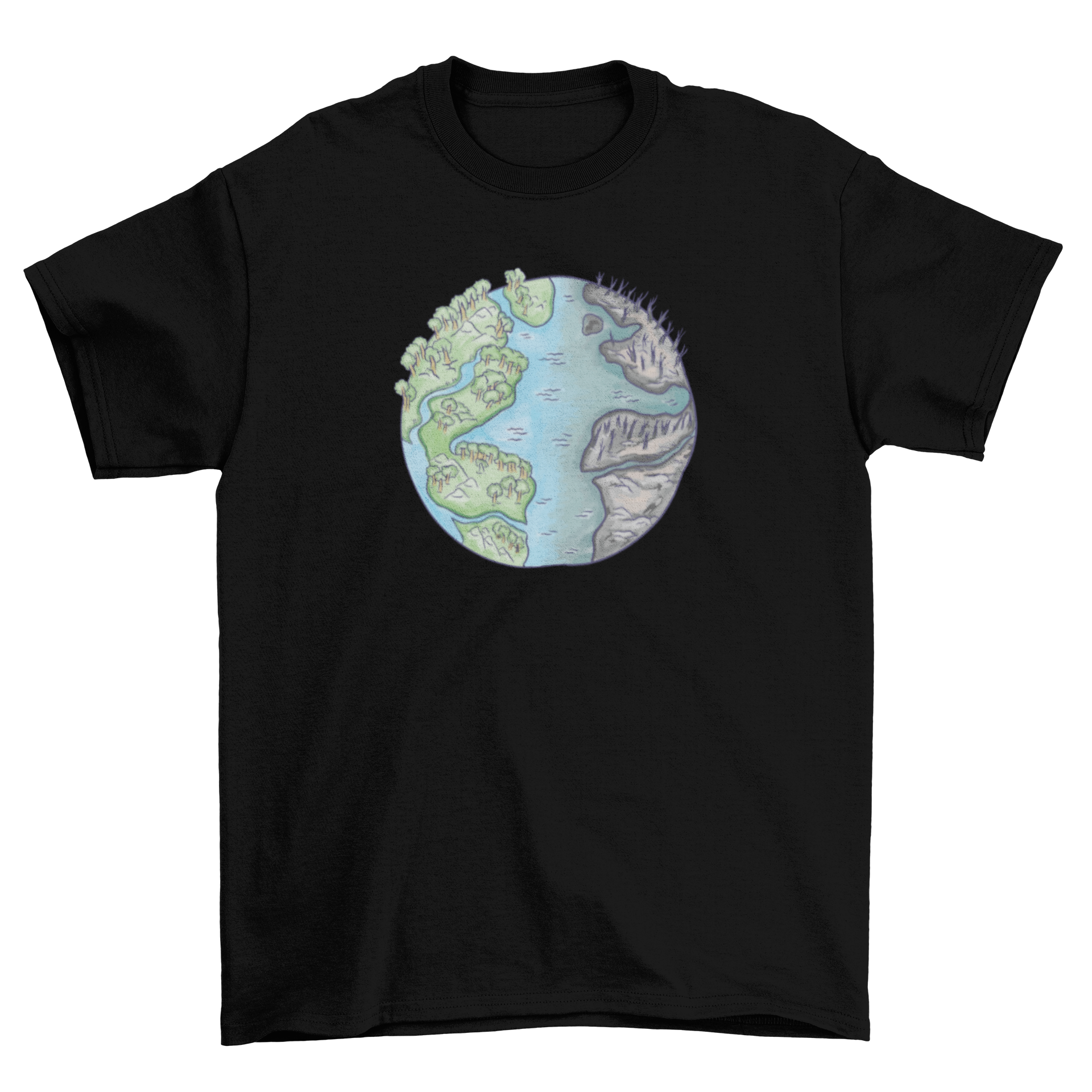 Divided Environment T-Shirt featuring a split illustration of Earth, one half green and lush, the other half polluted and dark.