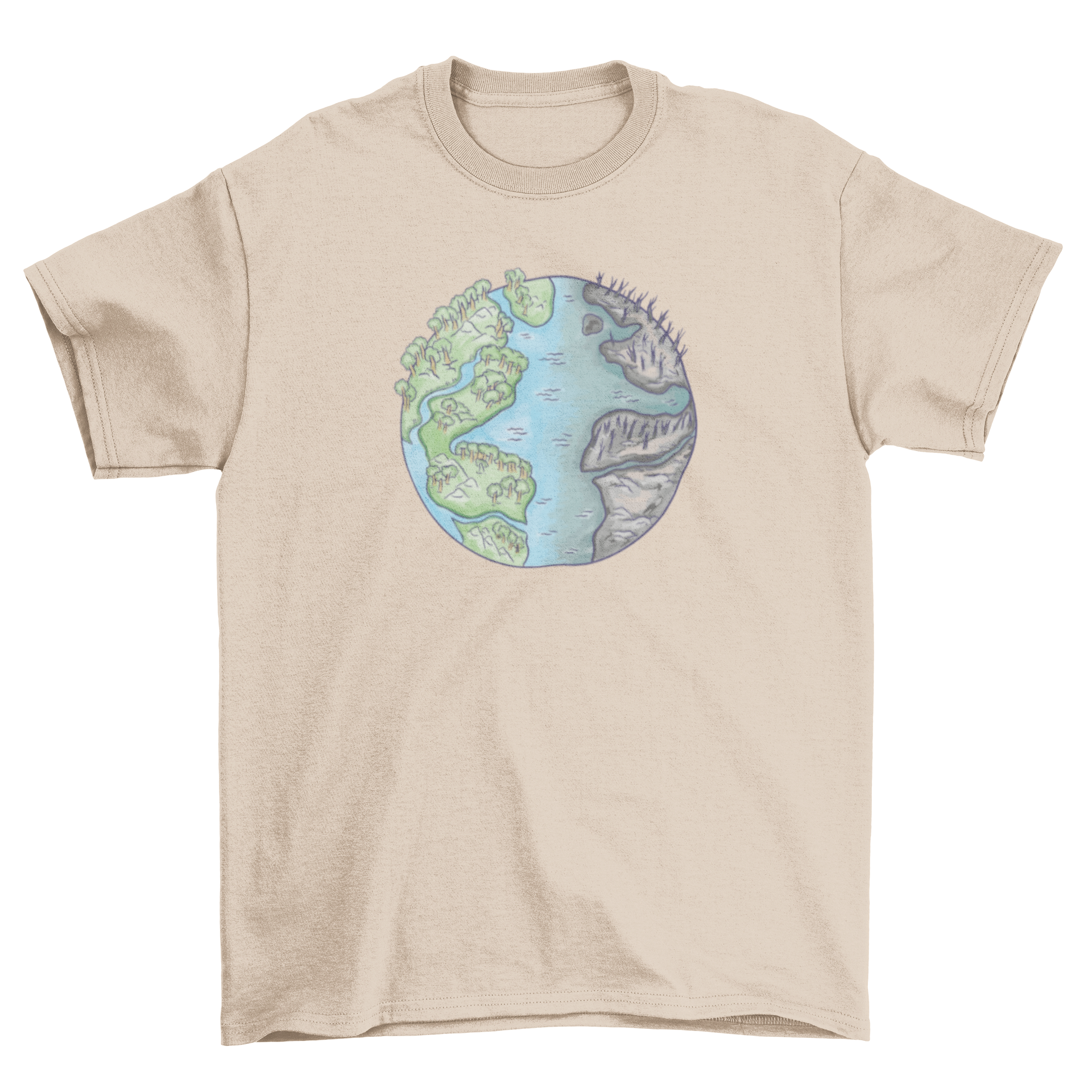 Divided Environment T-Shirt featuring a split illustration of Earth, one half green and lush, the other half polluted and dark.