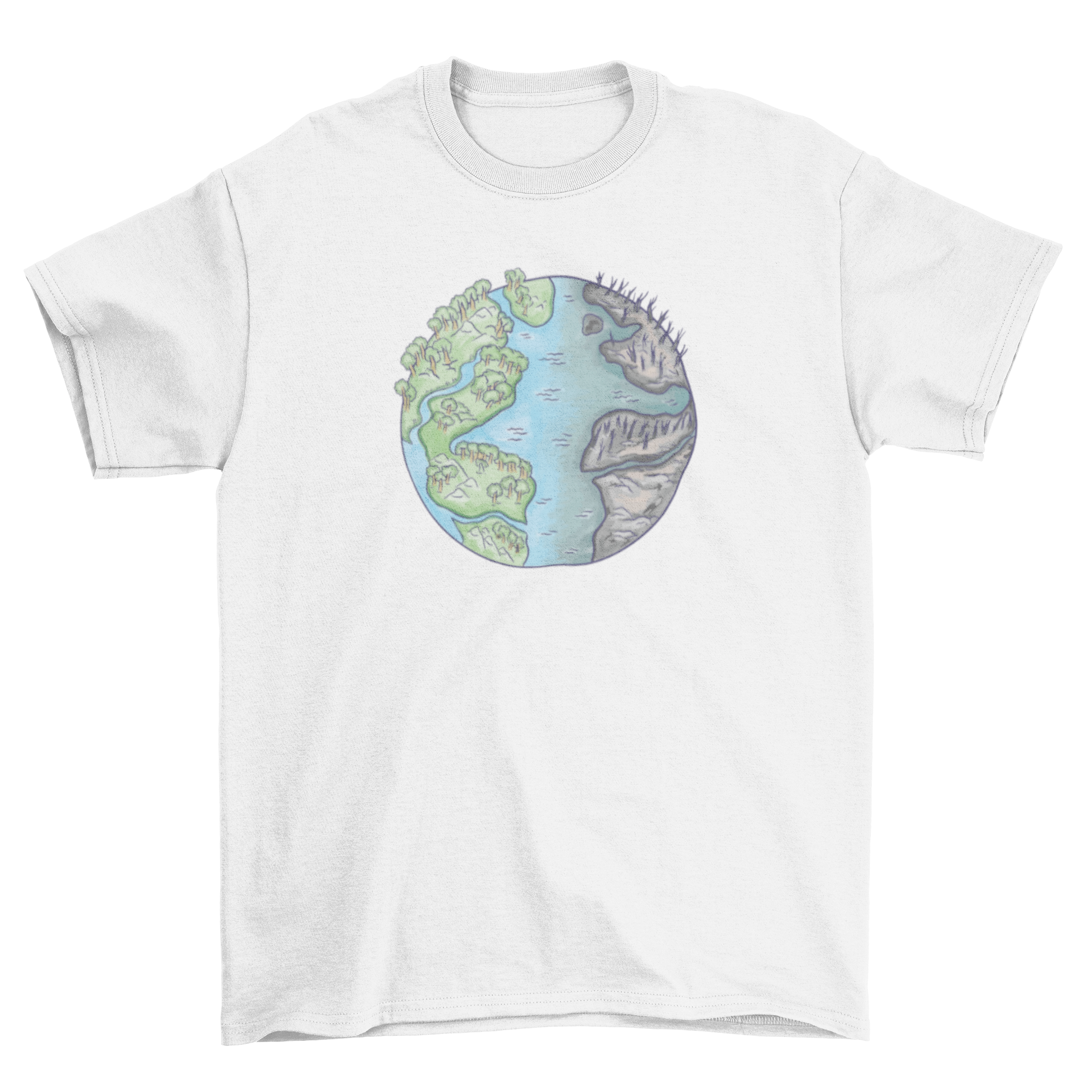 Divided Environment T-Shirt featuring a split illustration of Earth, one half green and lush, the other half polluted and dark.