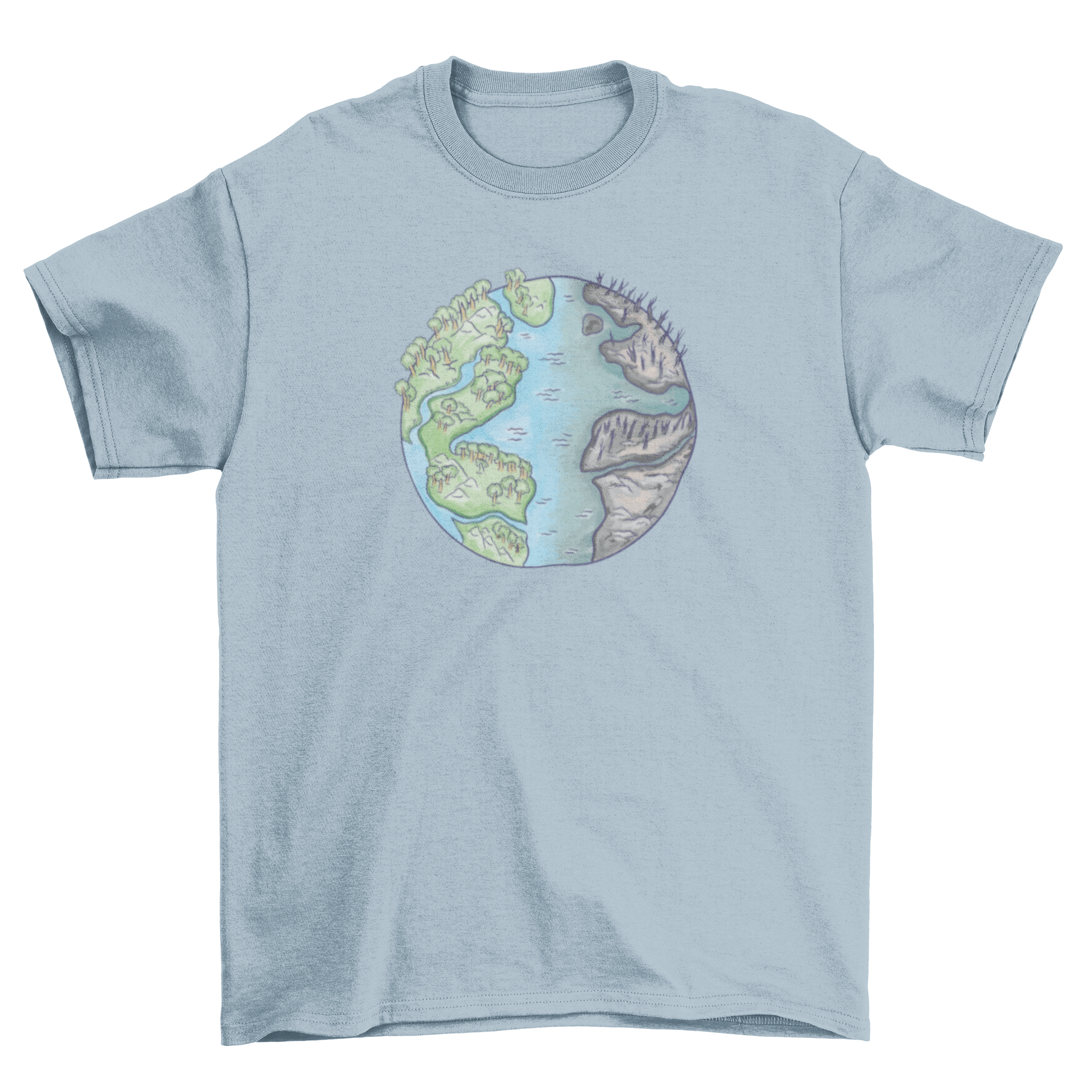 Divided Environment T-Shirt featuring a split illustration of Earth, one half green and lush, the other half polluted and dark.