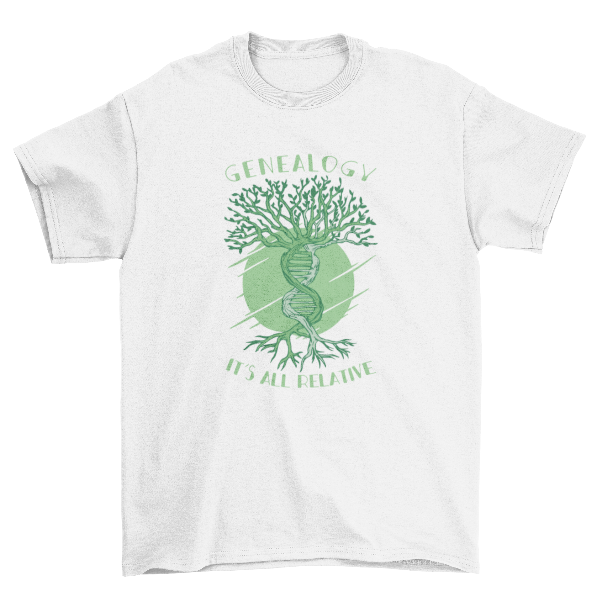 A stylish t-shirt featuring a DNA strand designed as a tree with the quote 'Genealogy it's all relative'.