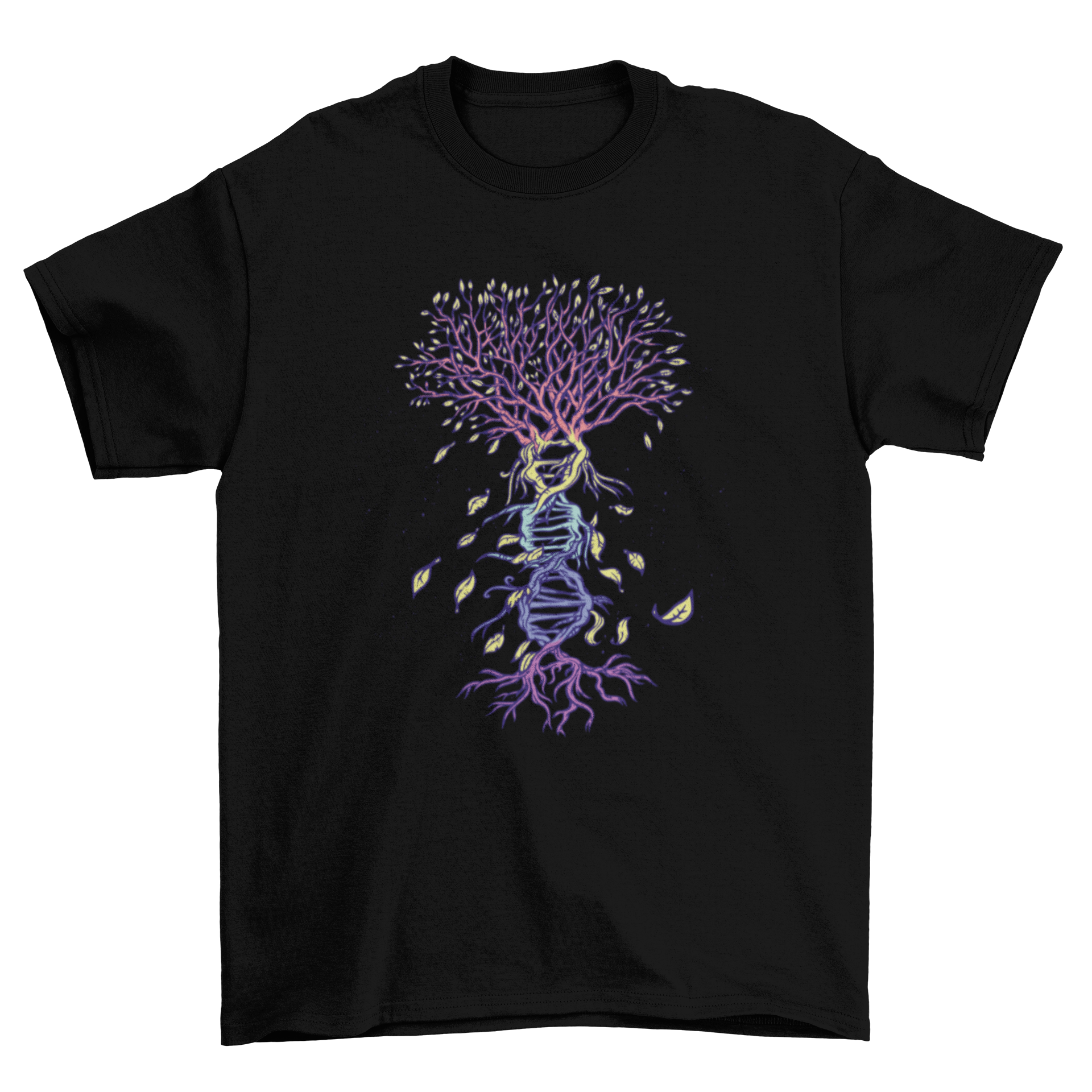 A stylish t-shirt featuring a creative illustration of a tree with a DNA trunk, symbolizing the connection between nature and genetics.