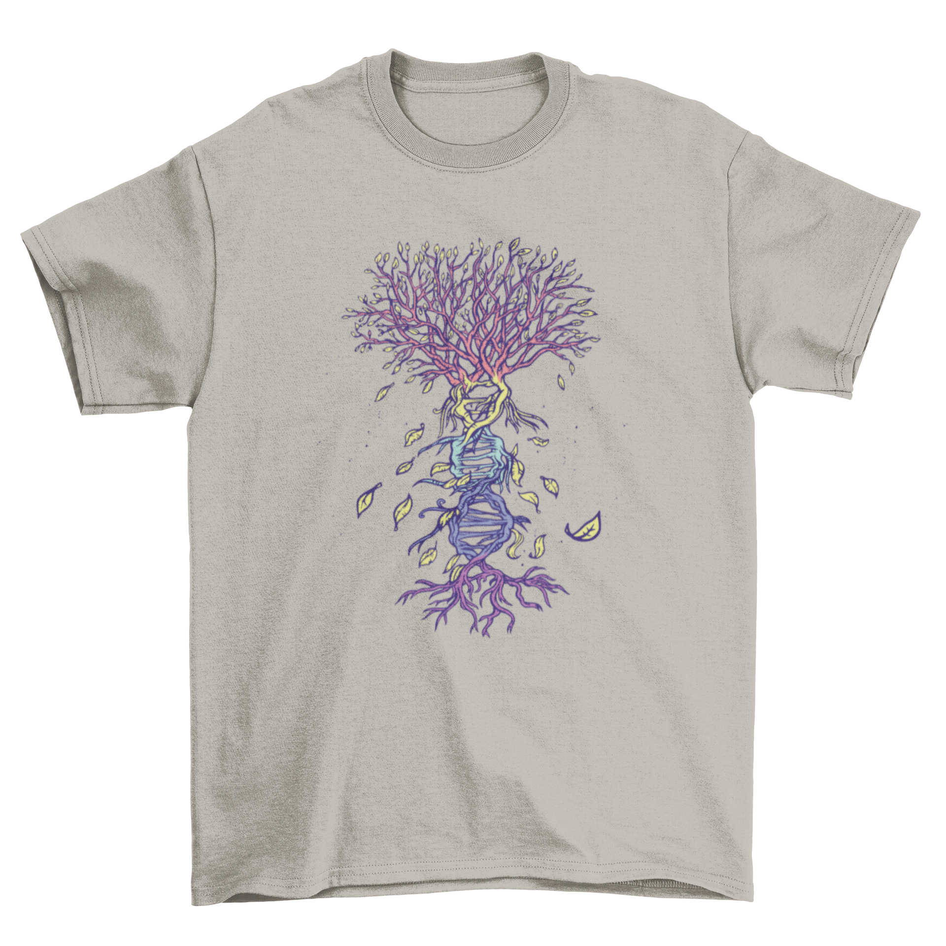 A stylish t-shirt featuring a creative illustration of a tree with a DNA trunk, symbolizing the connection between nature and genetics.