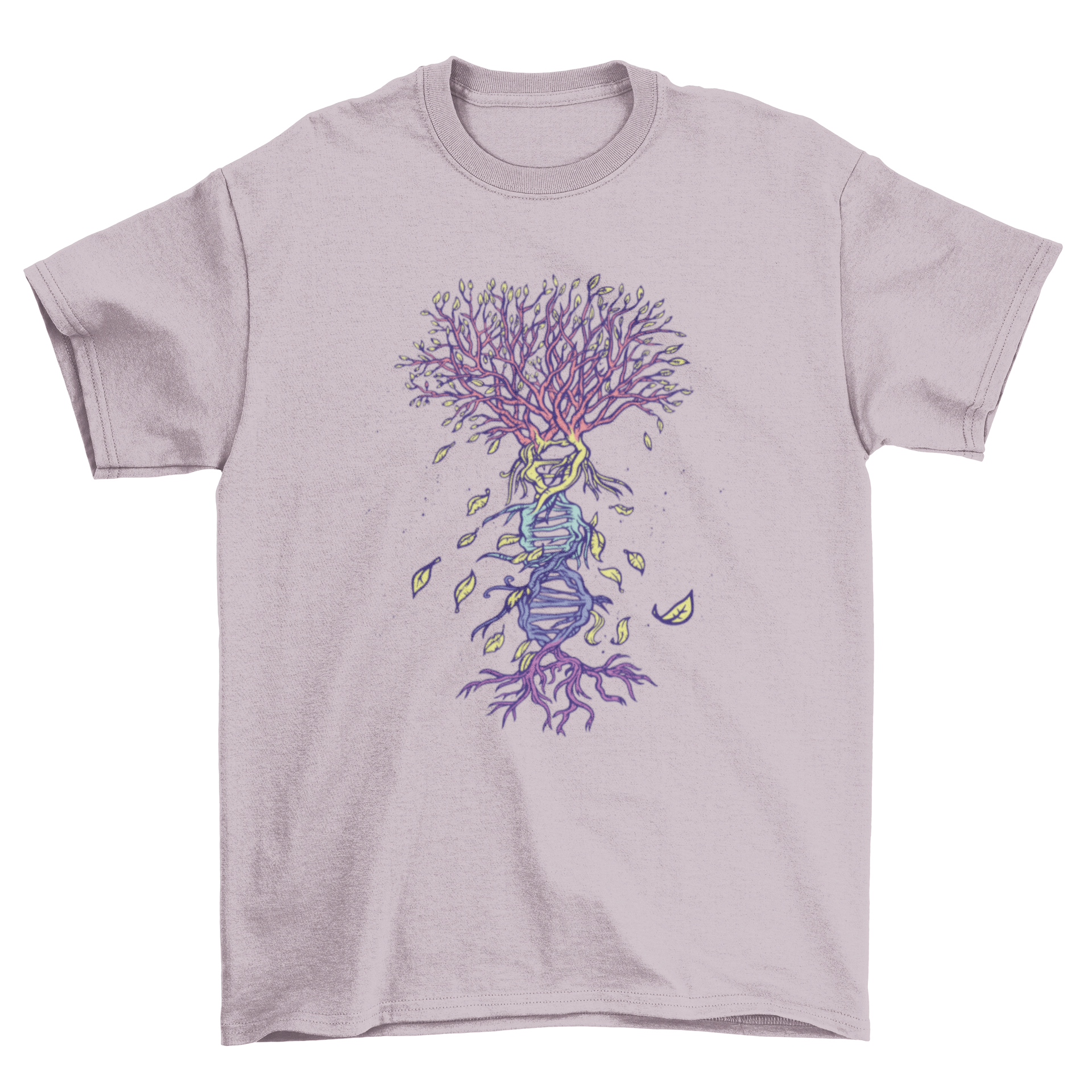 A stylish t-shirt featuring a creative illustration of a tree with a DNA trunk, symbolizing the connection between nature and genetics.