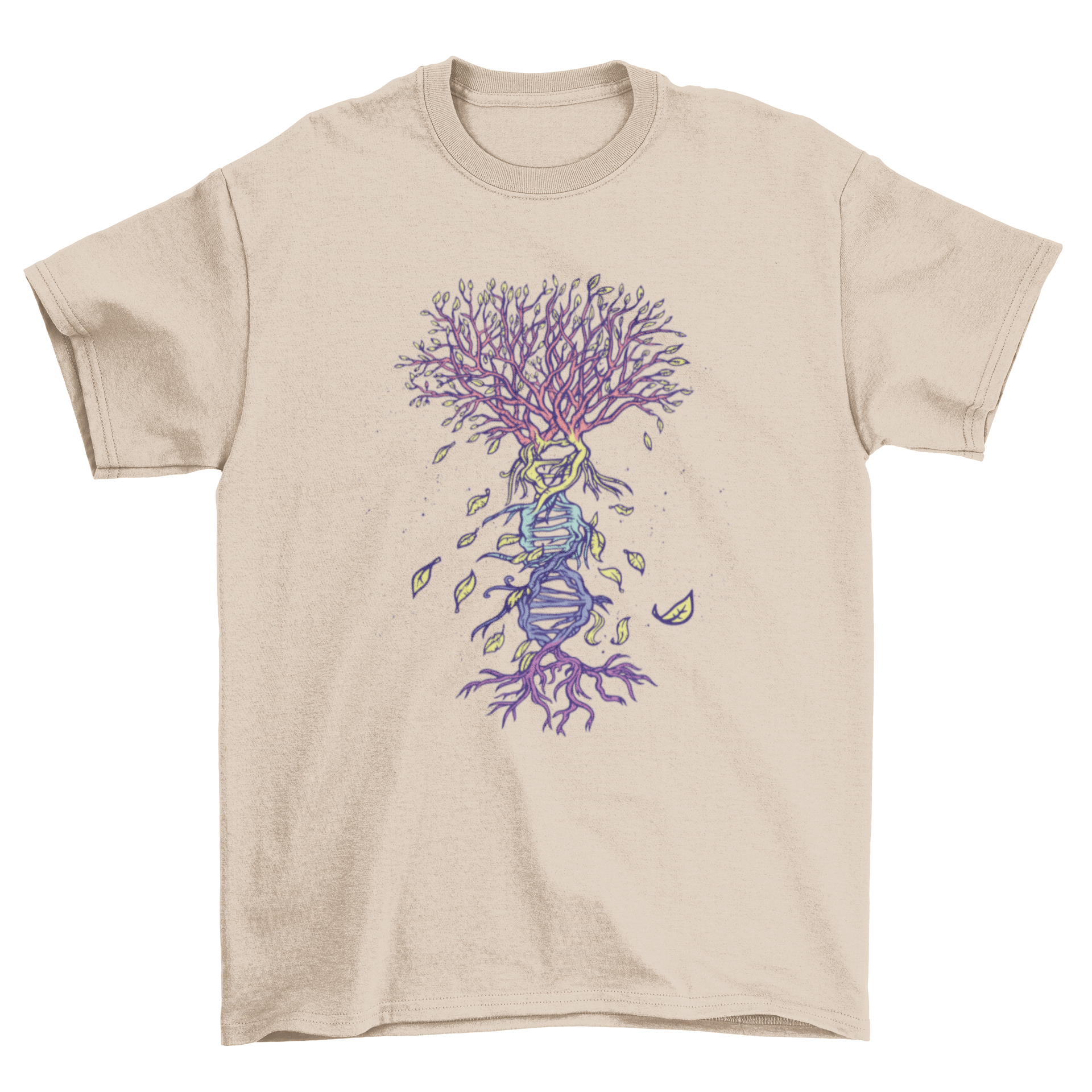 A stylish t-shirt featuring a creative illustration of a tree with a DNA trunk, symbolizing the connection between nature and genetics.