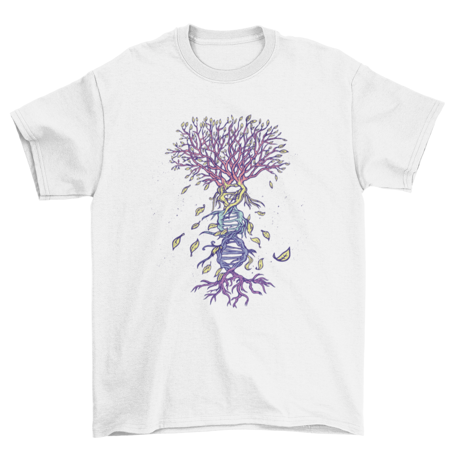 A stylish t-shirt featuring a creative illustration of a tree with a DNA trunk, symbolizing the connection between nature and genetics.