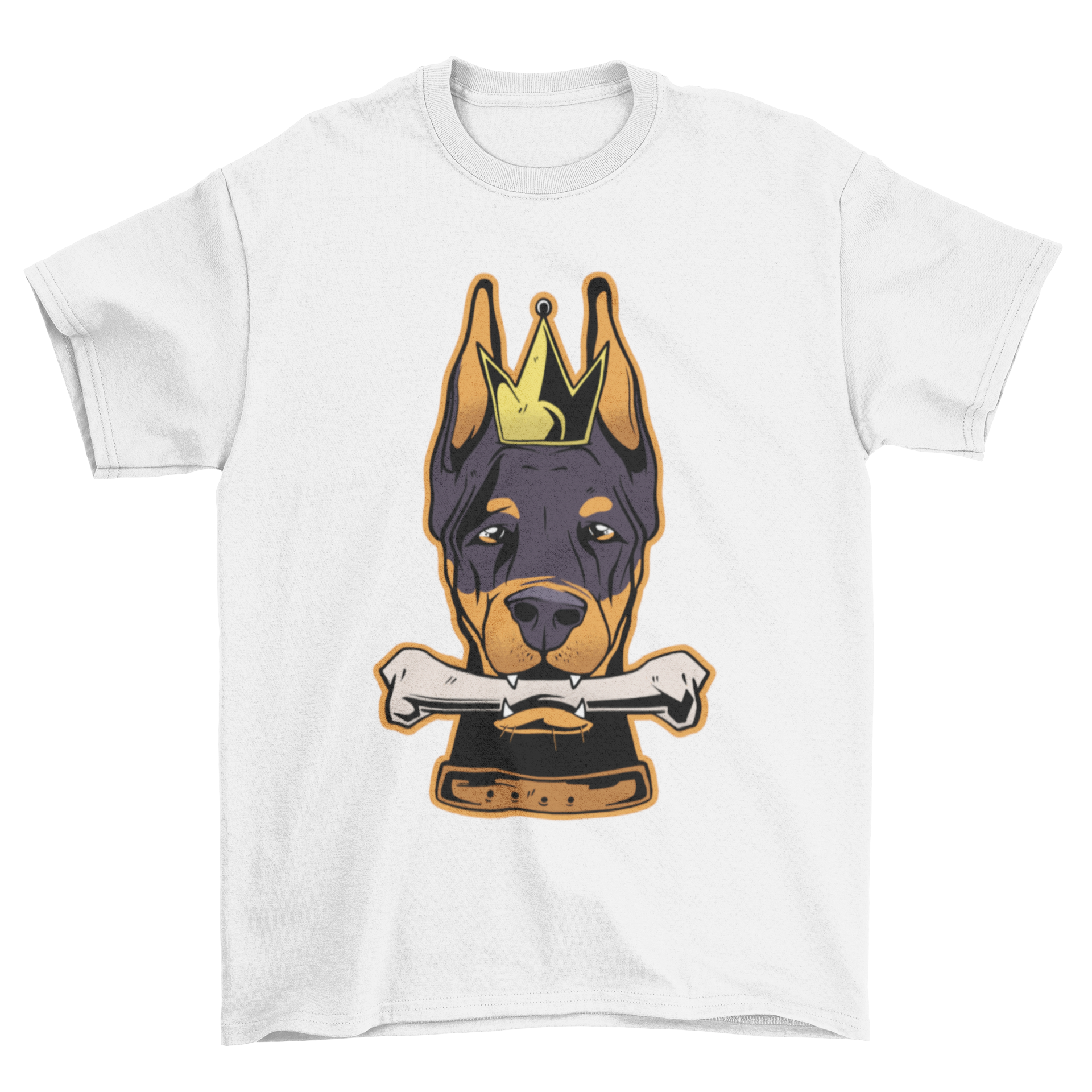 A stylish t-shirt featuring a Dobermann's head with a crown illustration, perfect for dog lovers.