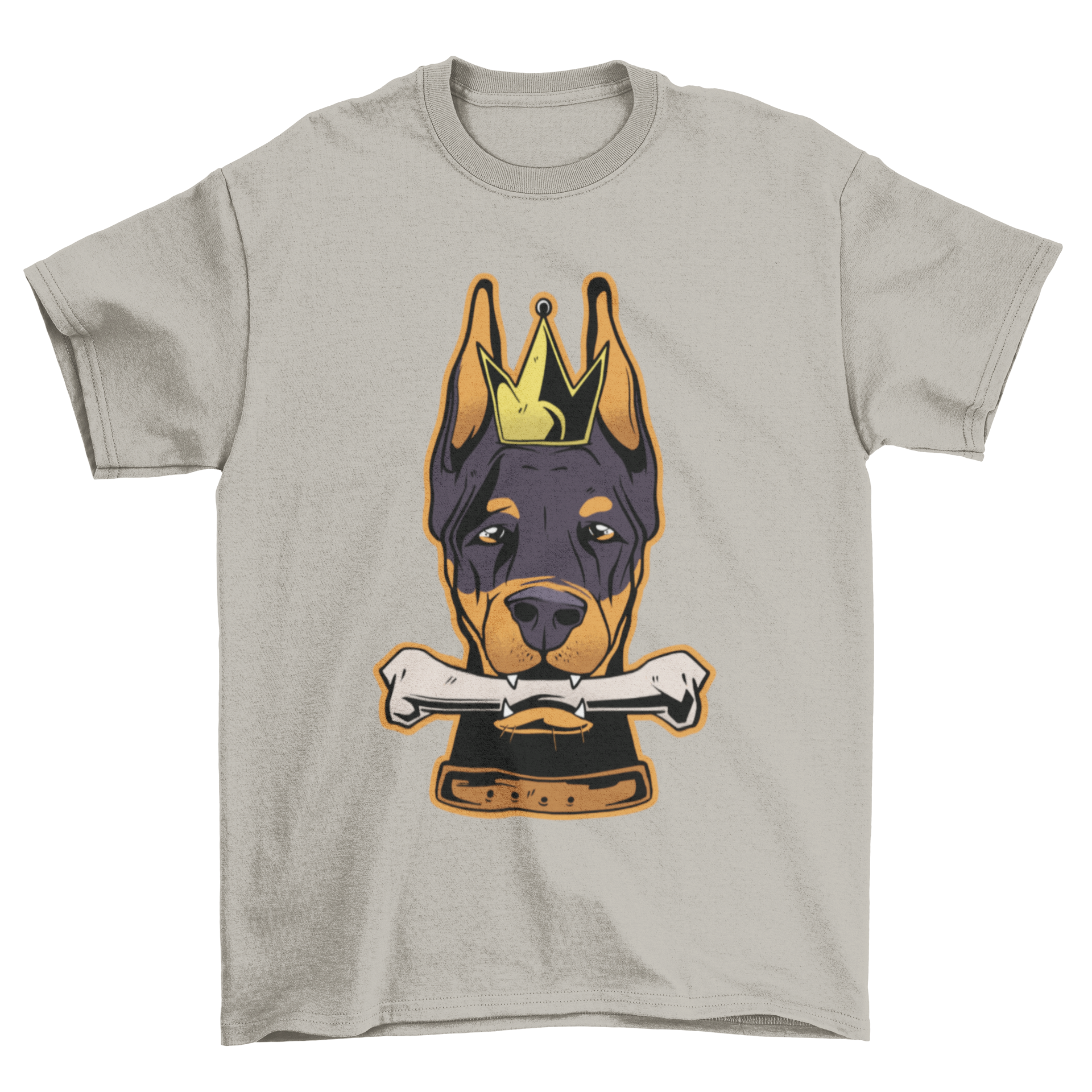 A stylish t-shirt featuring a Dobermann's head with a crown illustration, perfect for dog lovers.