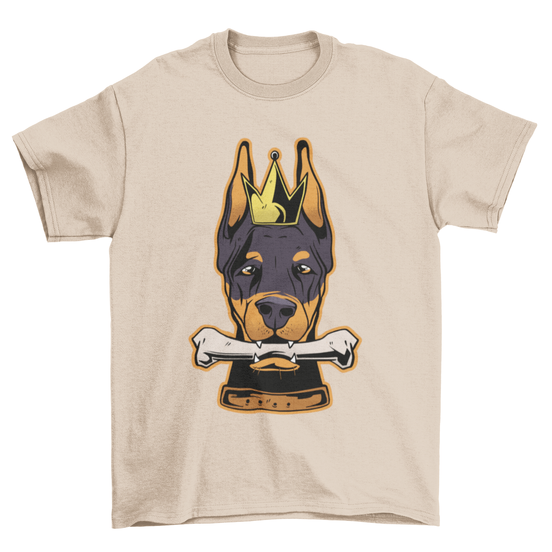 A stylish t-shirt featuring a Dobermann's head with a crown illustration, perfect for dog lovers.