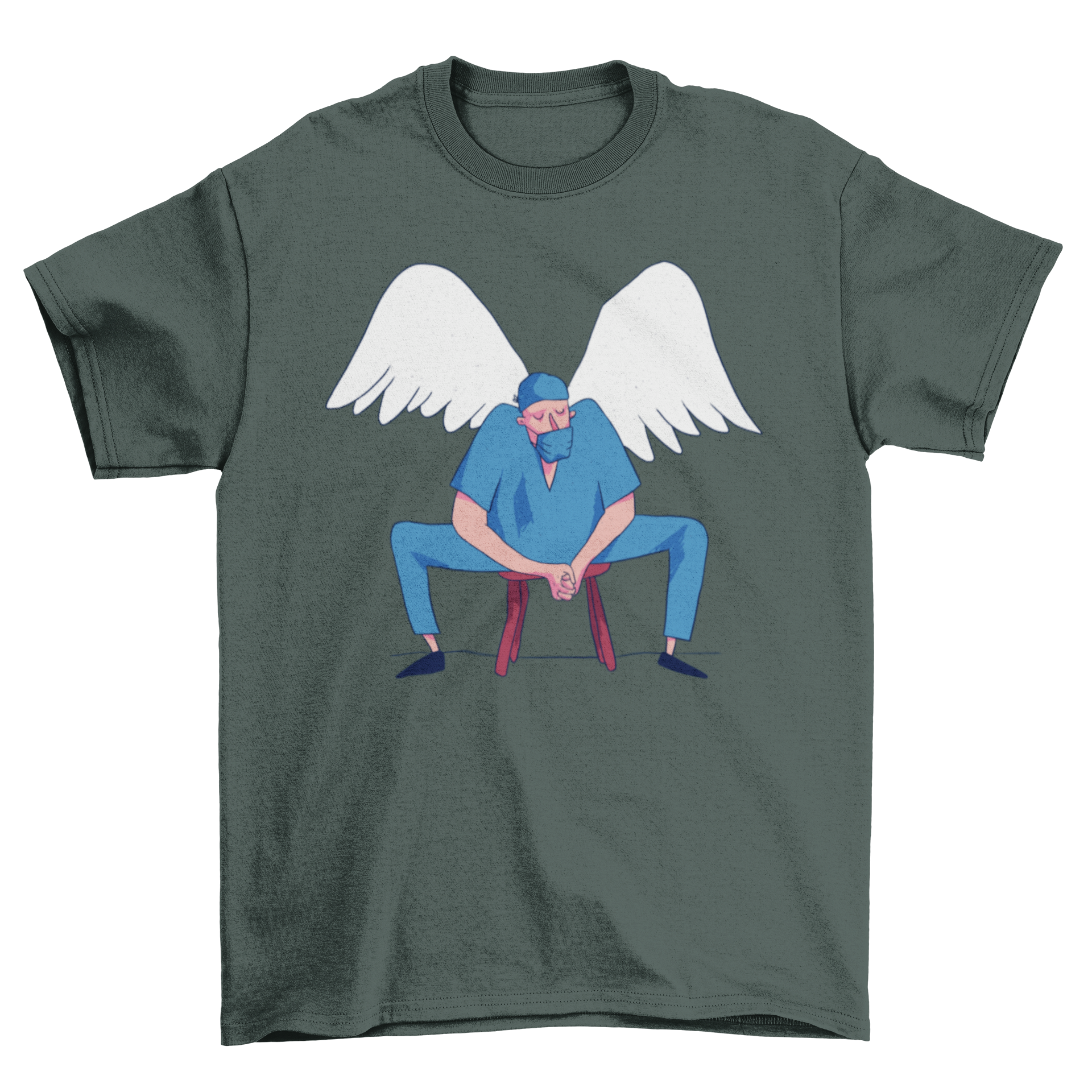 A T-shirt design featuring a doctor with angel wings, symbolizing care and compassion in healthcare.