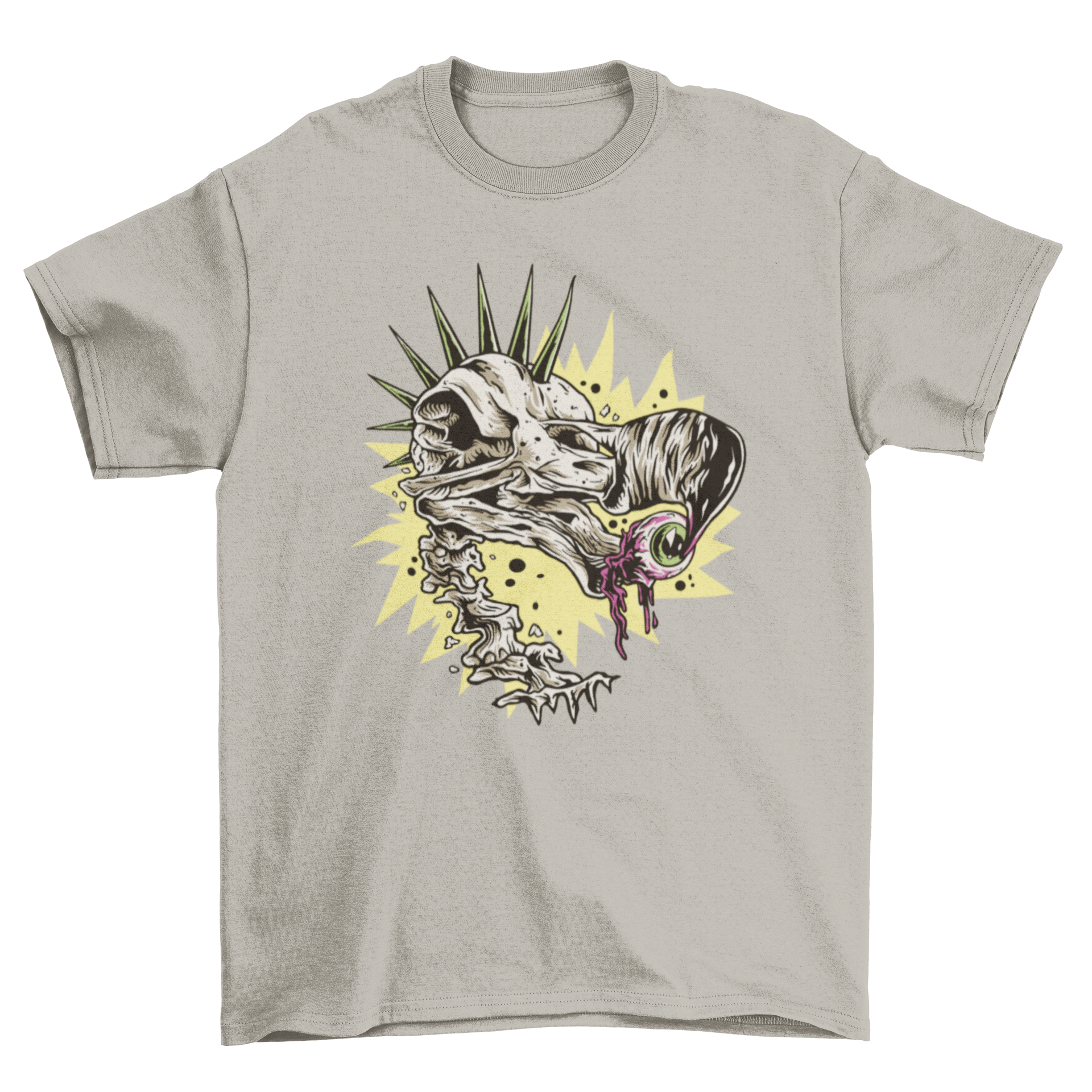 A stylish t-shirt featuring a punk-style Dodo bird skull design, showcasing intricate details and vibrant colors.