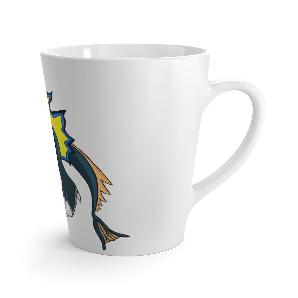 Doffis Latte Mug in white ceramic with a C-handle, featuring rounded corners and vibrant sublimation printing.