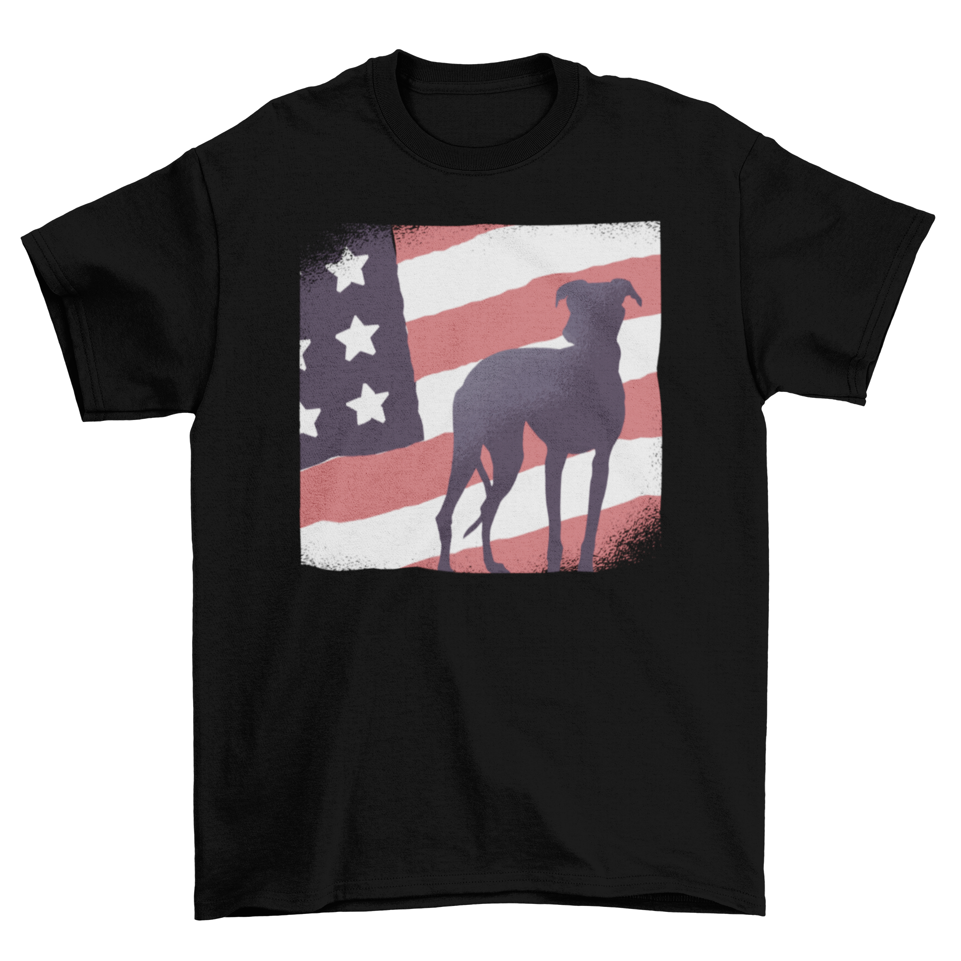 A stylish Dog American Flag T-shirt featuring a vintage illustration of the United States flag with a dog silhouette.