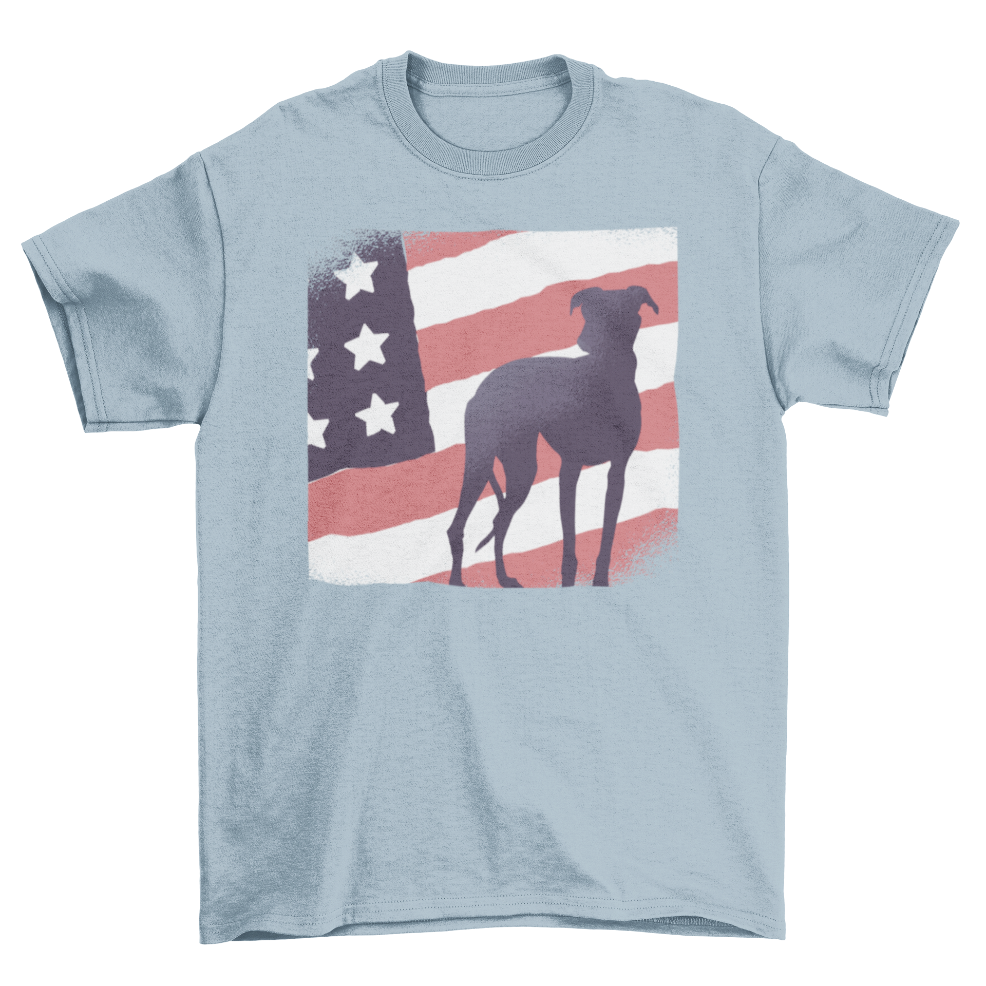 A stylish Dog American Flag T-shirt featuring a vintage illustration of the United States flag with a dog silhouette.