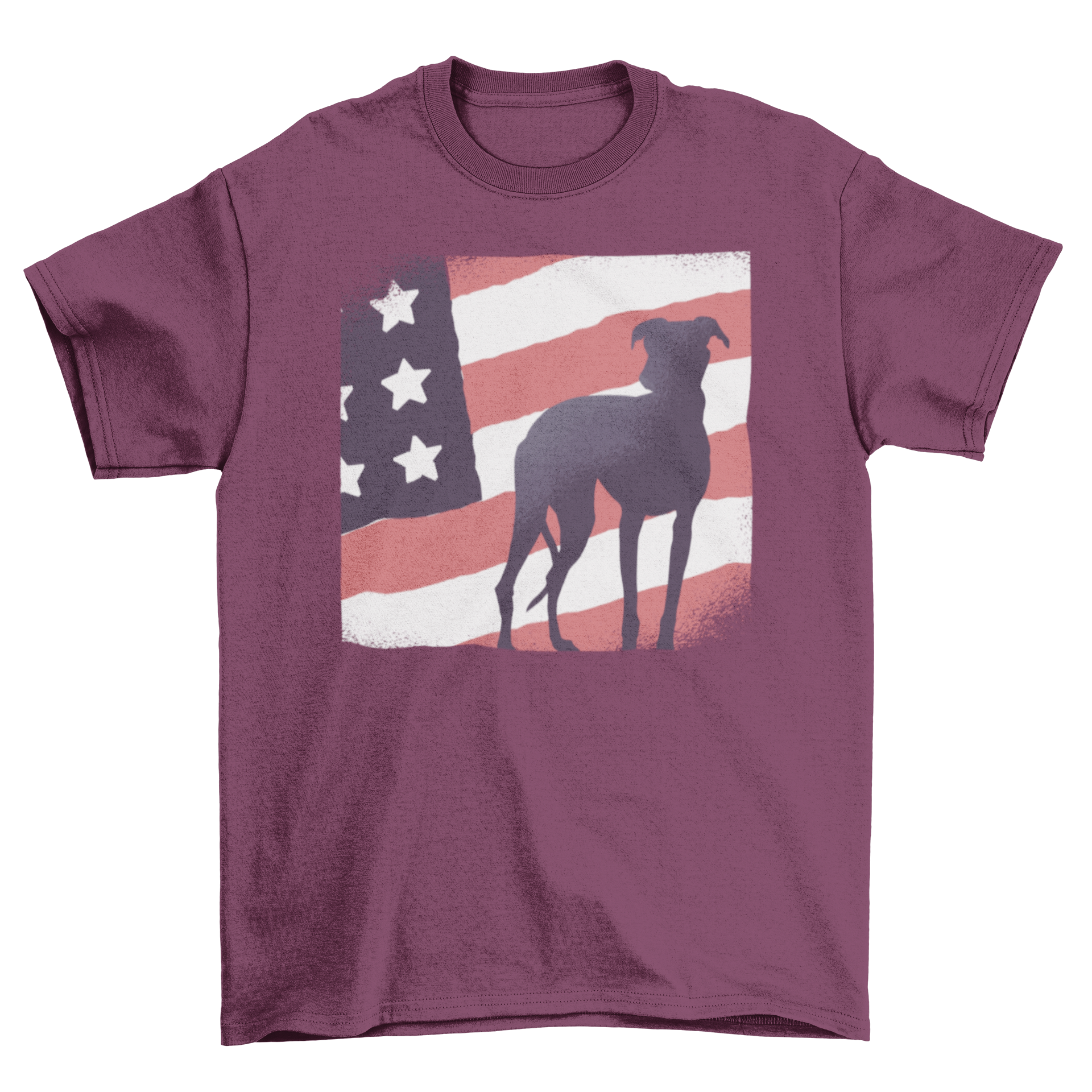 A stylish Dog American Flag T-shirt featuring a vintage illustration of the United States flag with a dog silhouette.