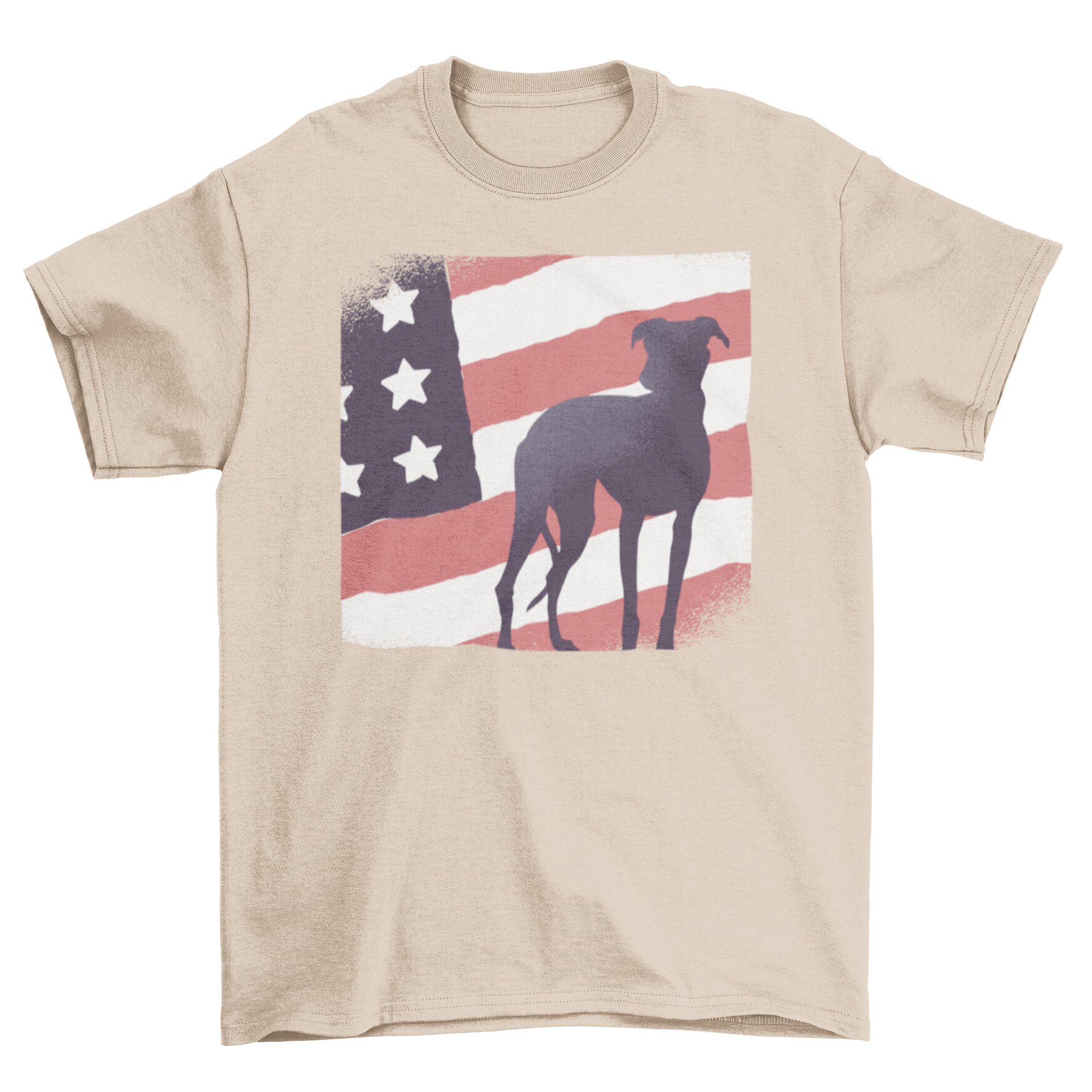 A stylish Dog American Flag T-shirt featuring a vintage illustration of the United States flag with a dog silhouette.