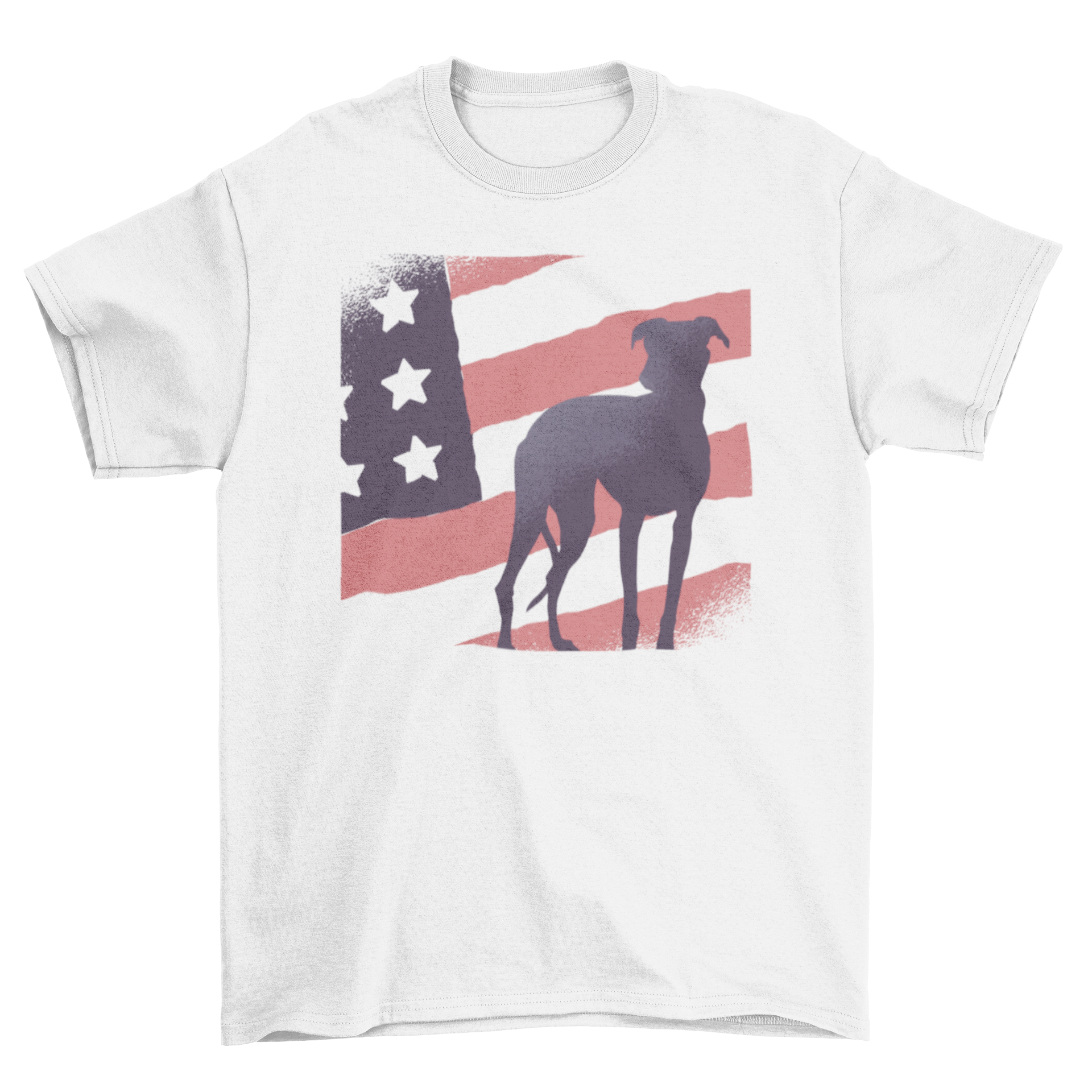 A stylish Dog American Flag T-shirt featuring a vintage illustration of the United States flag with a dog silhouette.