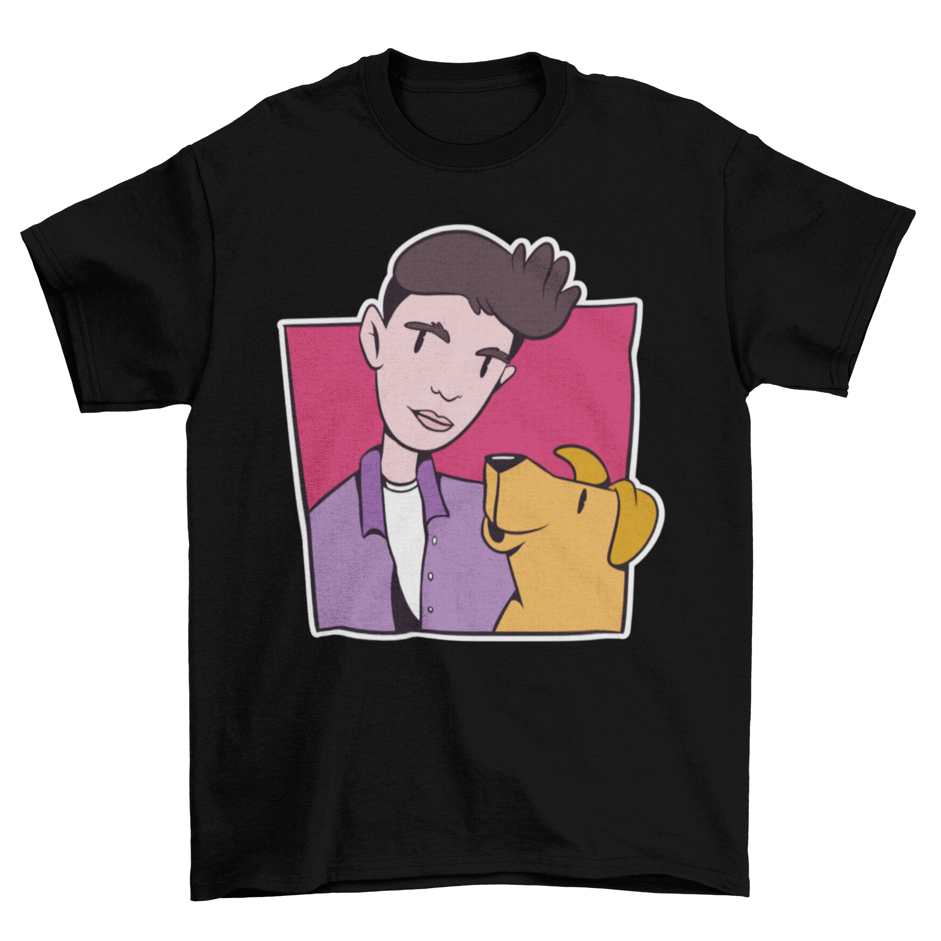 A stylish t-shirt featuring a colorful design of a boy and a dog in a playful stroke style.