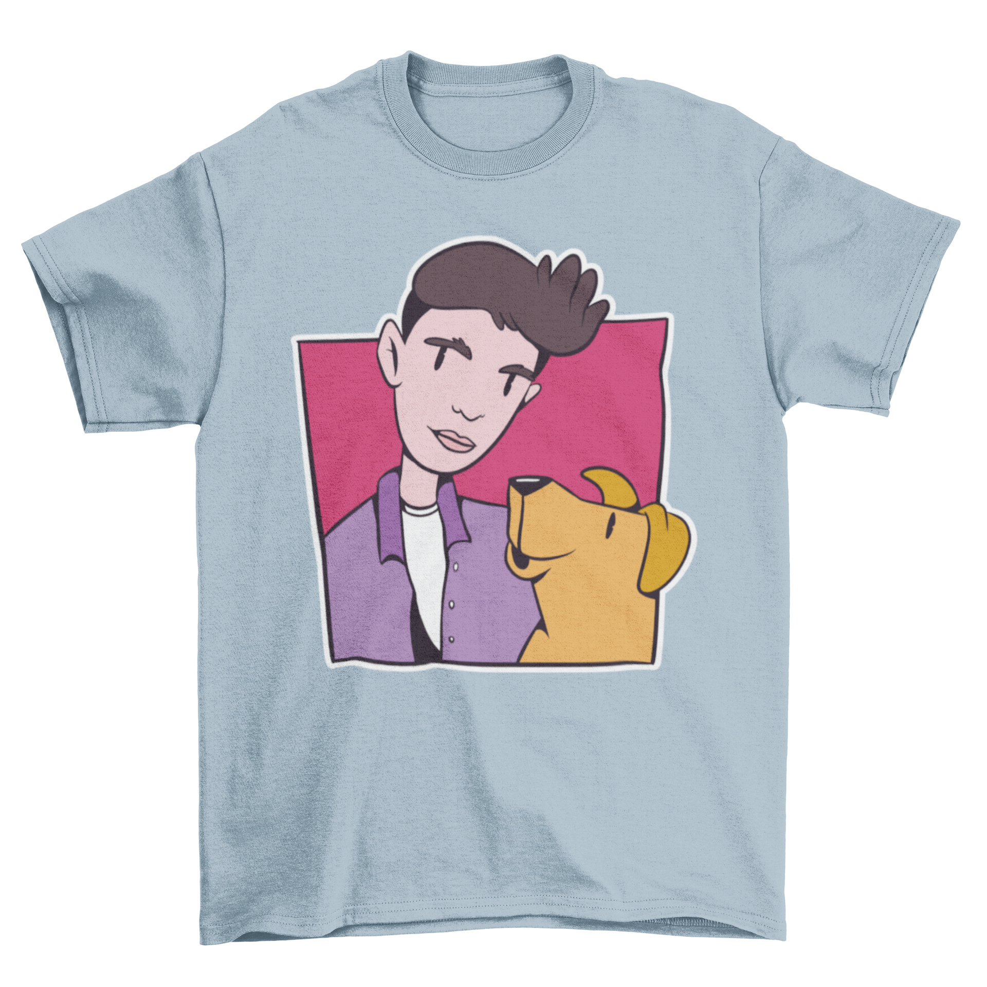 A stylish t-shirt featuring a colorful design of a boy and a dog in a playful stroke style.