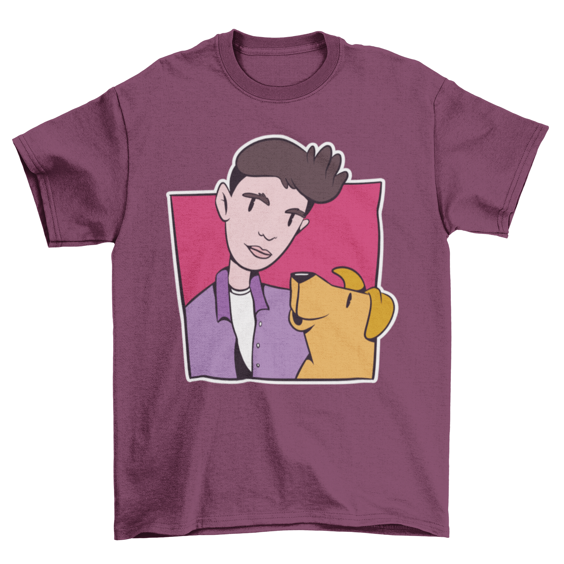 A stylish t-shirt featuring a colorful design of a boy and a dog in a playful stroke style.