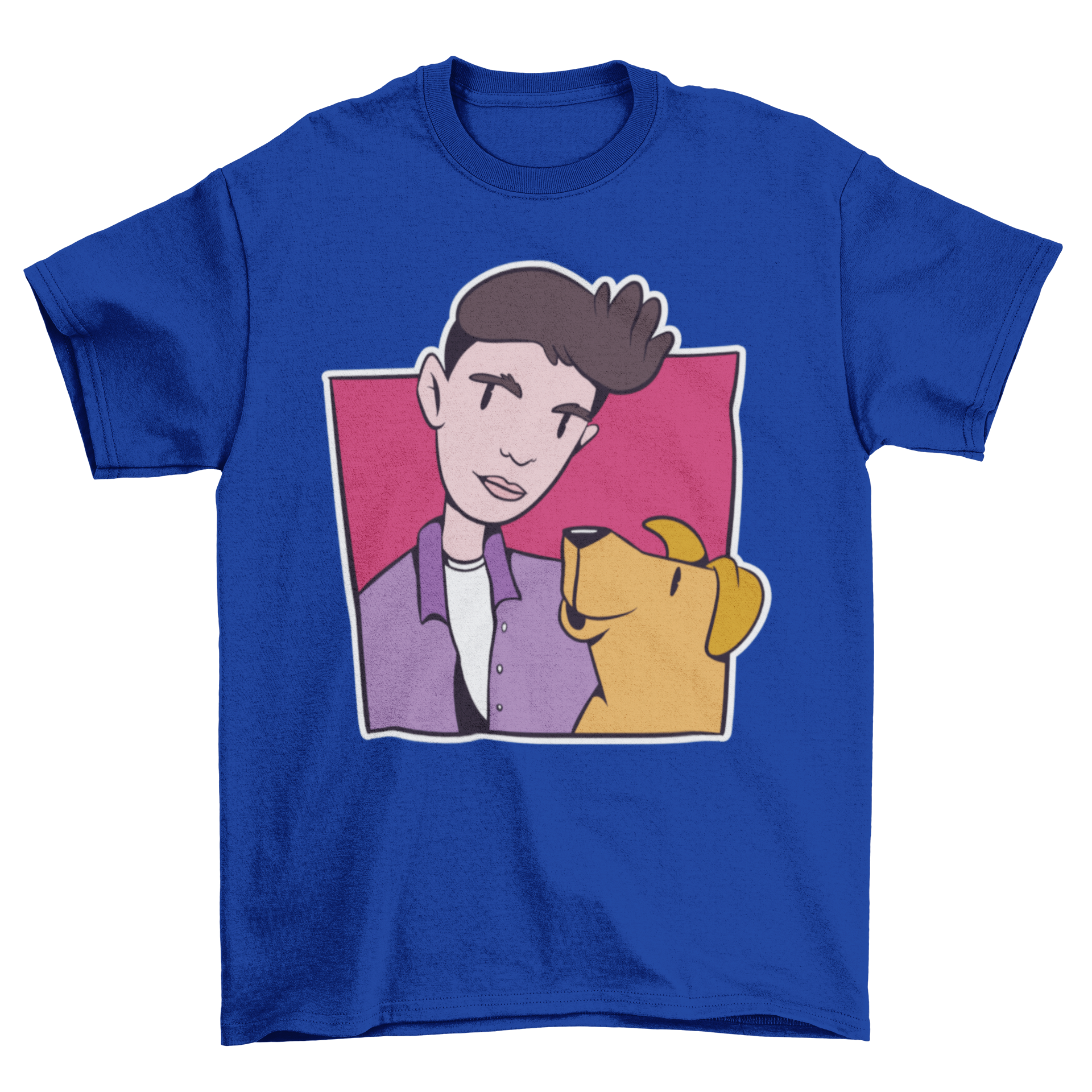 A stylish t-shirt featuring a colorful design of a boy and a dog in a playful stroke style.