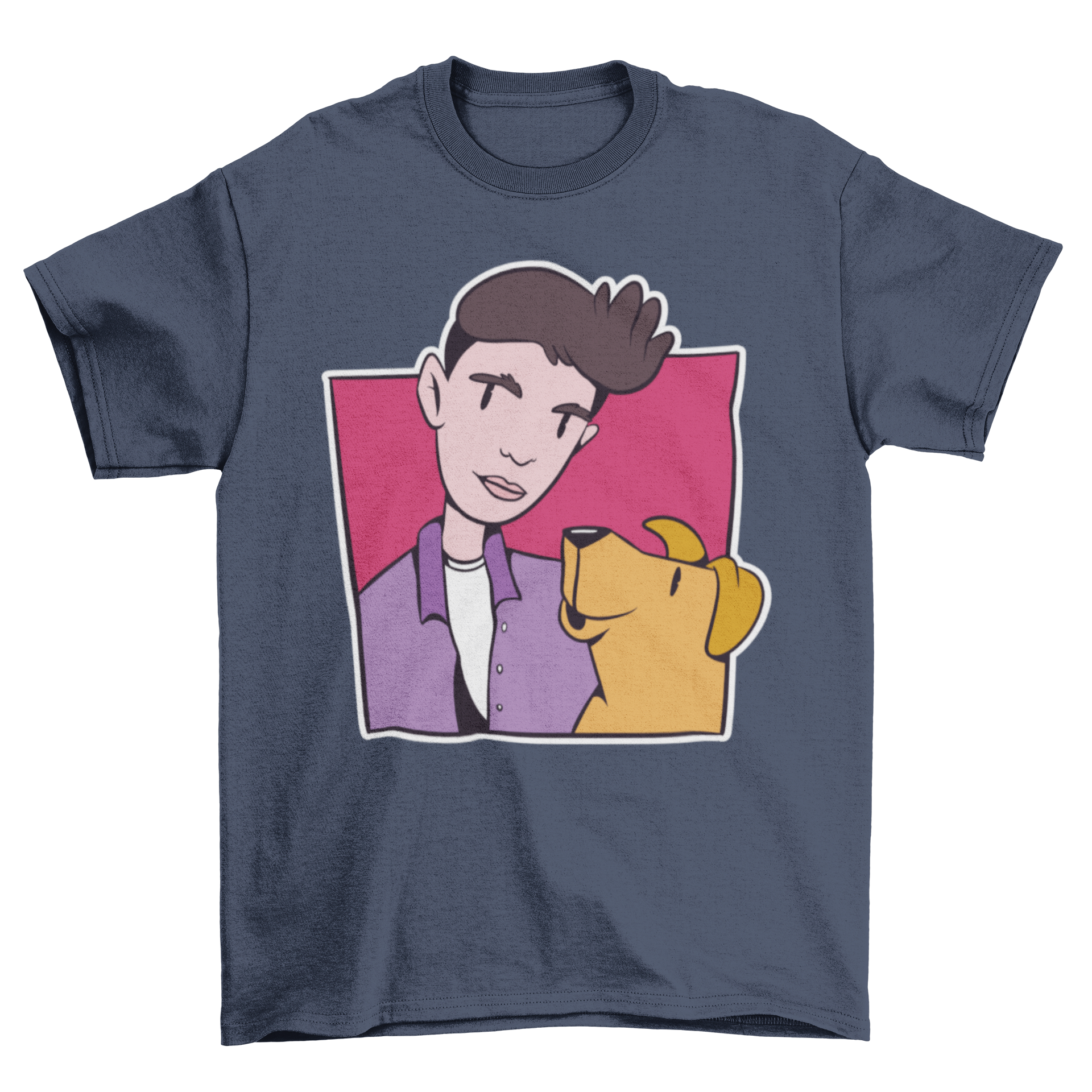 A stylish t-shirt featuring a colorful design of a boy and a dog in a playful stroke style.