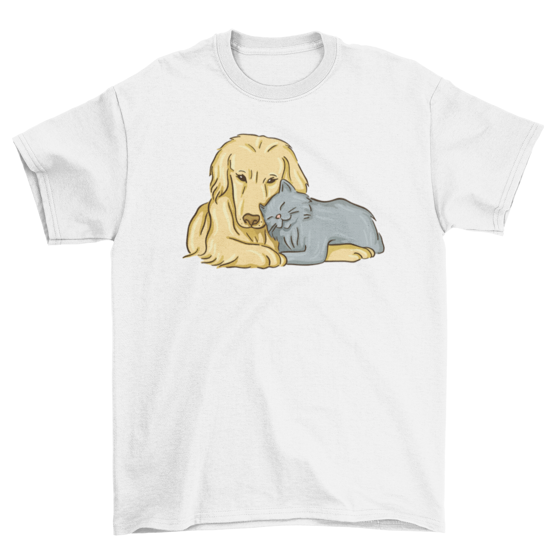 A cute t-shirt featuring a colorful illustration of a dog and a cat cuddling together, perfect for pet lovers.