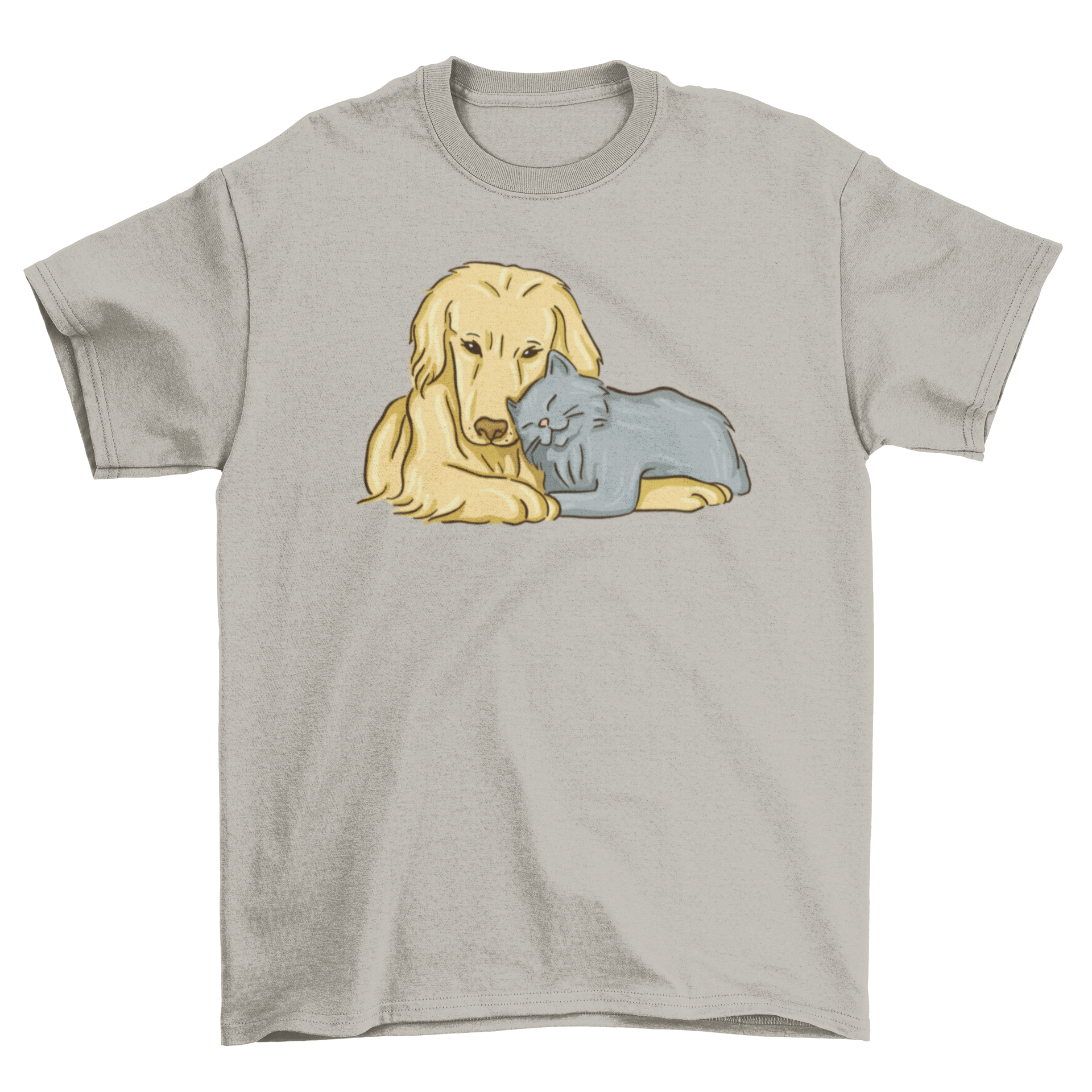 A cute t-shirt featuring a colorful illustration of a dog and a cat cuddling together, perfect for pet lovers.