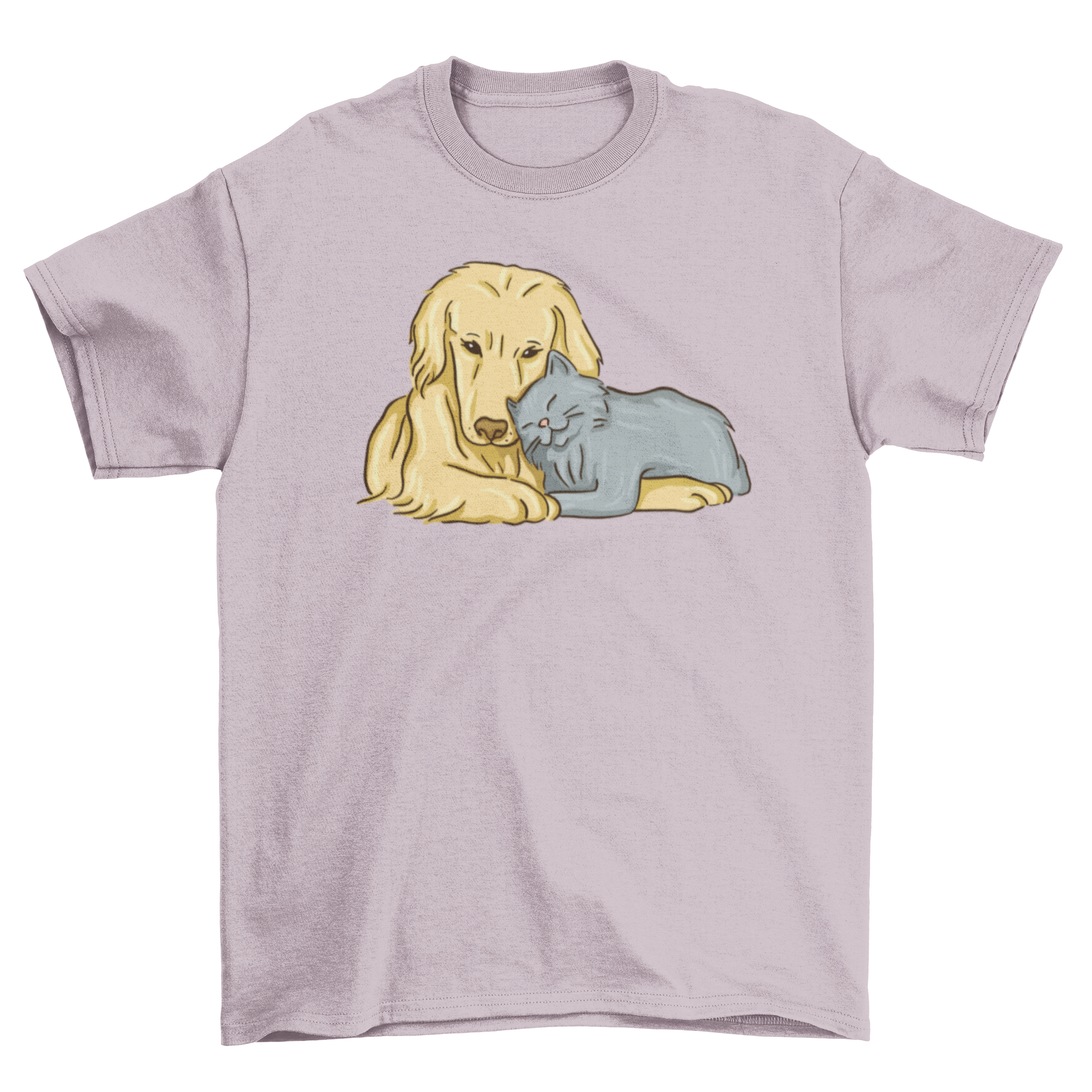 A cute t-shirt featuring a colorful illustration of a dog and a cat cuddling together, perfect for pet lovers.