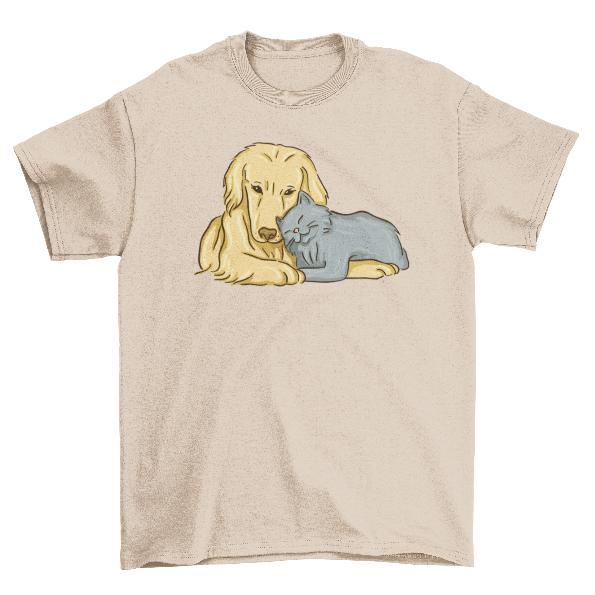 A cute t-shirt featuring a colorful illustration of a dog and a cat cuddling together, perfect for pet lovers.