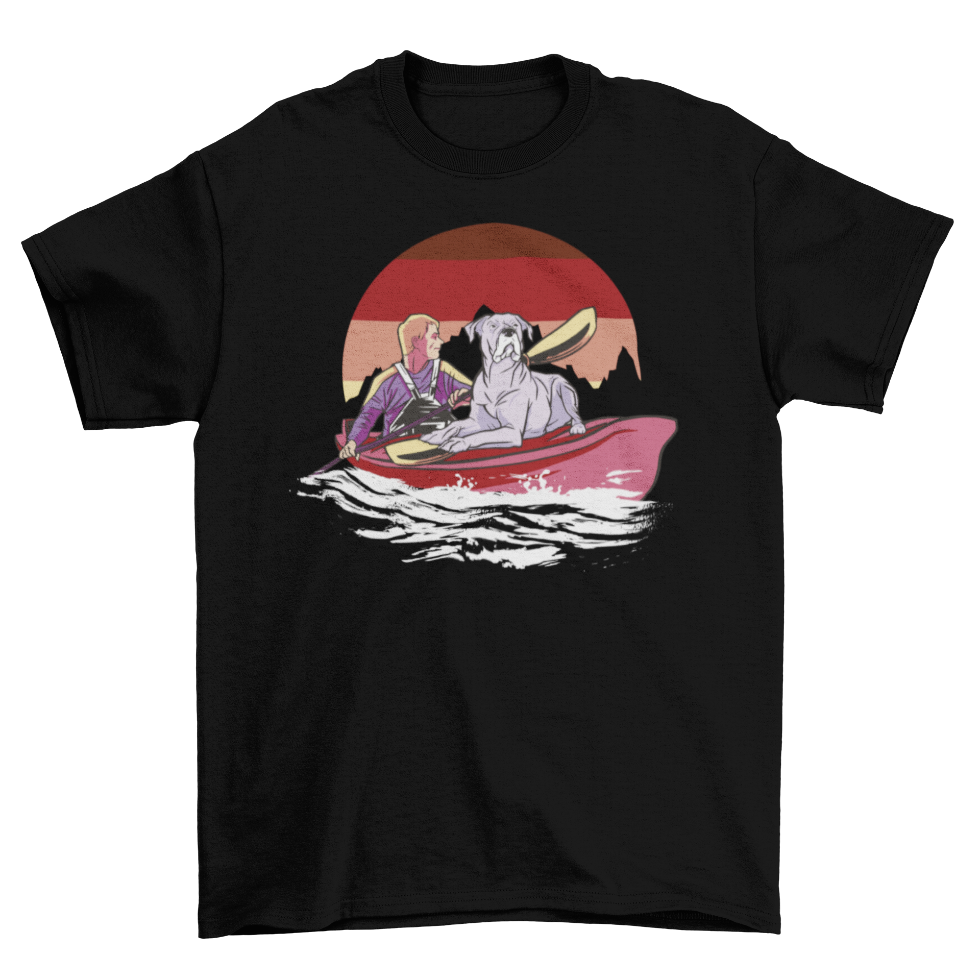 A cute t-shirt featuring a man and his dog kayaking together, showcasing a fun outdoor theme.