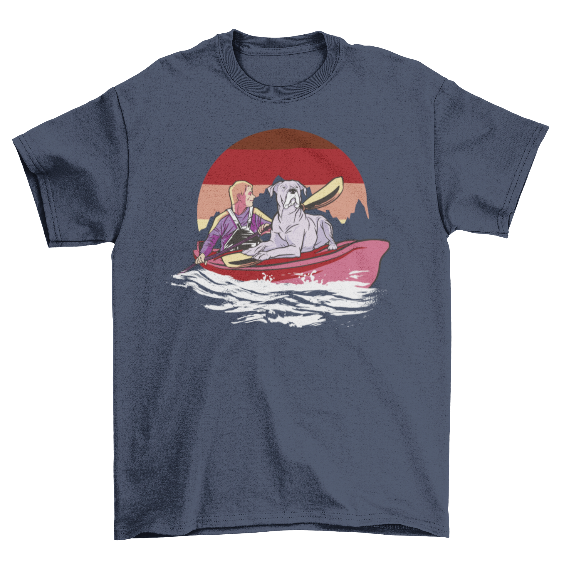 A cute t-shirt featuring a man and his dog kayaking together, showcasing a fun outdoor theme.