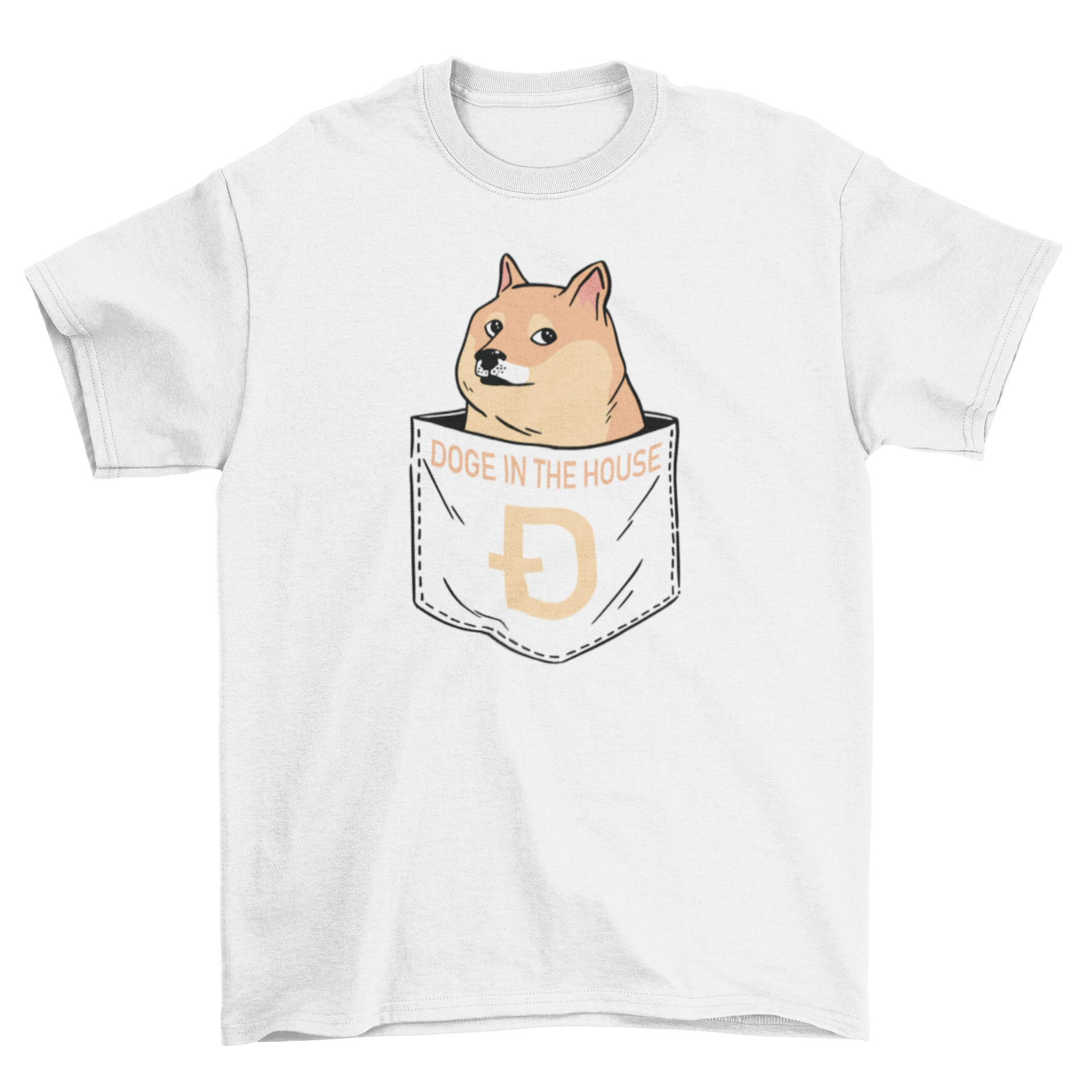 A stylish t-shirt featuring a cute dog design peeking out of a pocket with the quote 'Doge in the house'.