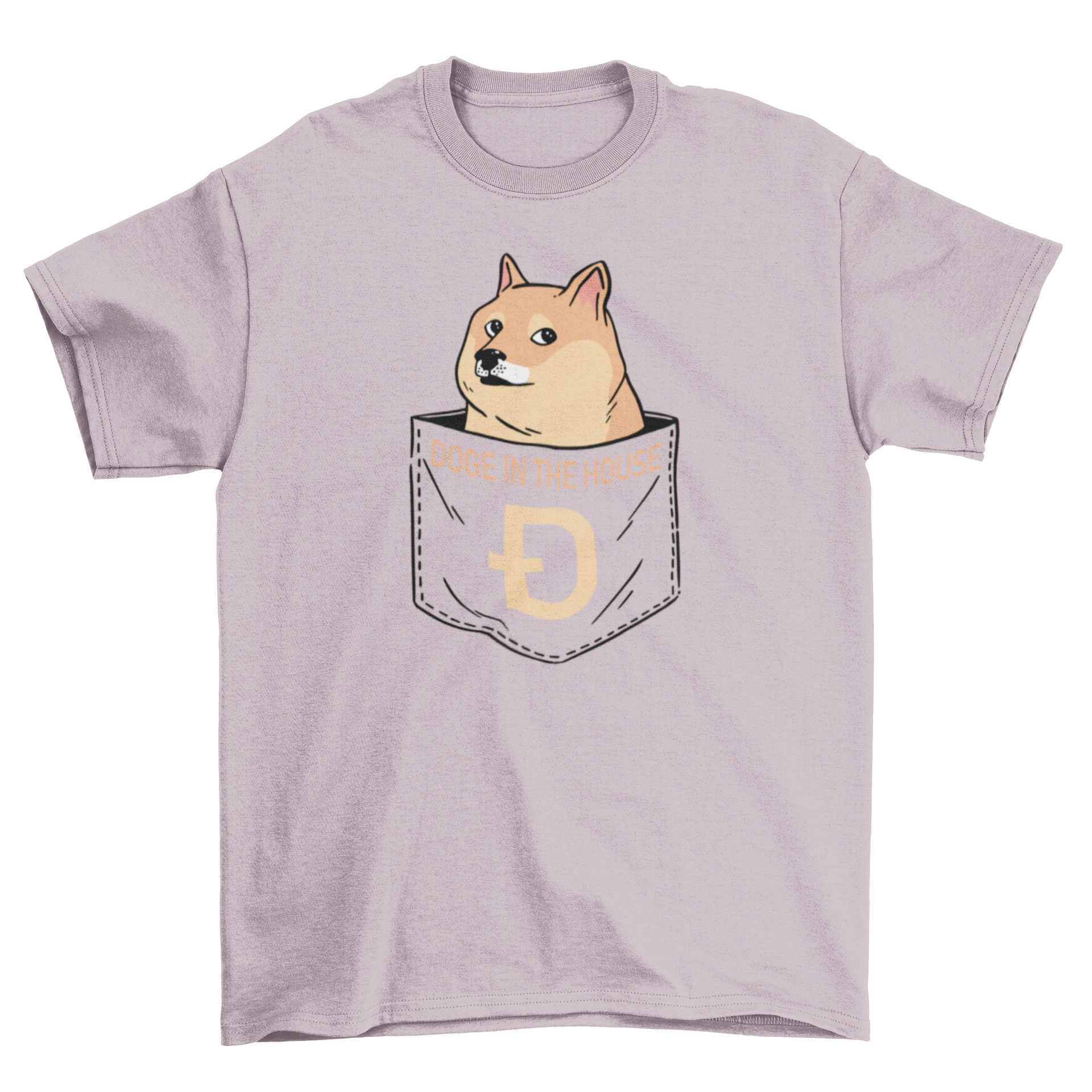 A stylish t-shirt featuring a cute dog design peeking out of a pocket with the quote 'Doge in the house'.