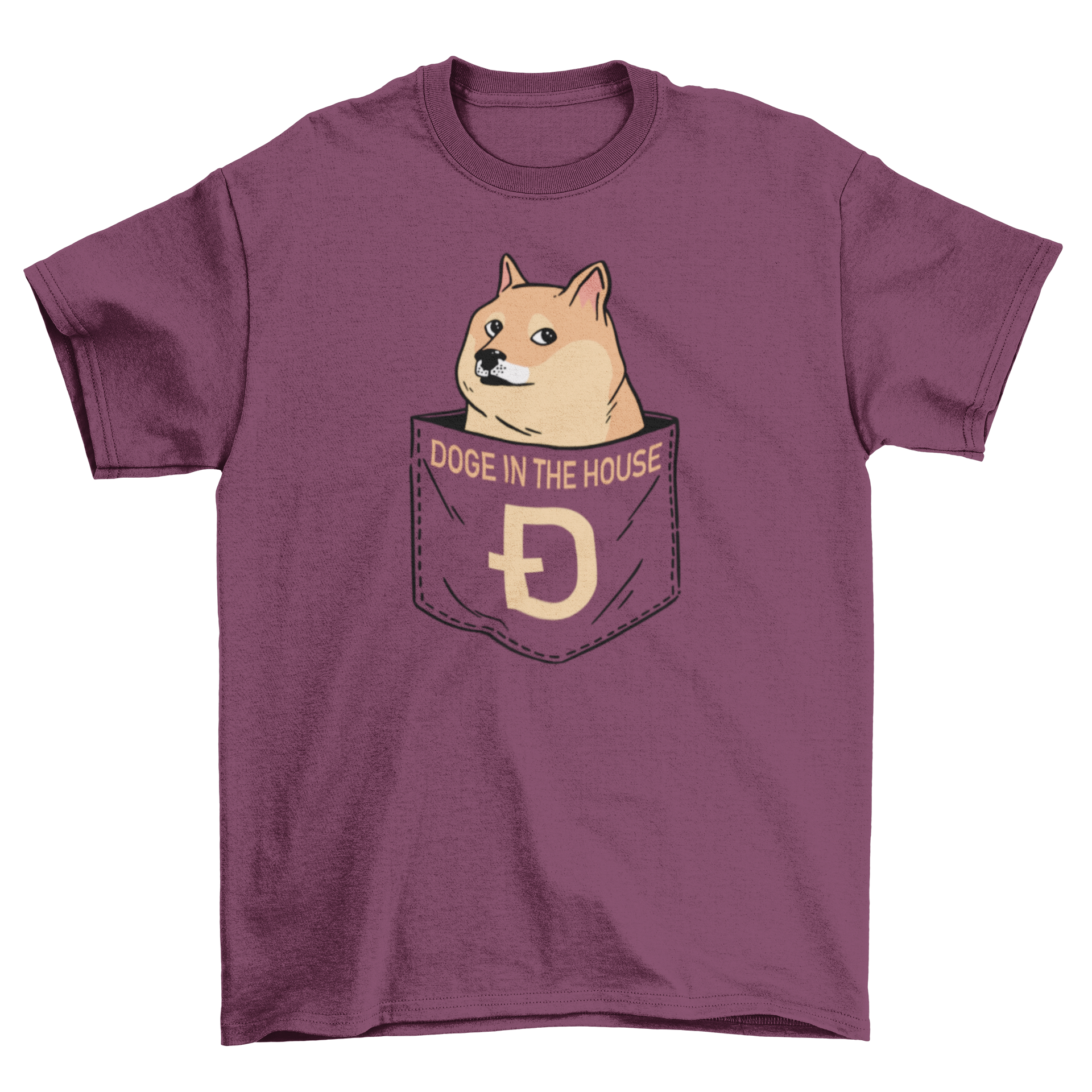 A stylish t-shirt featuring a cute dog design peeking out of a pocket with the quote 'Doge in the house'.