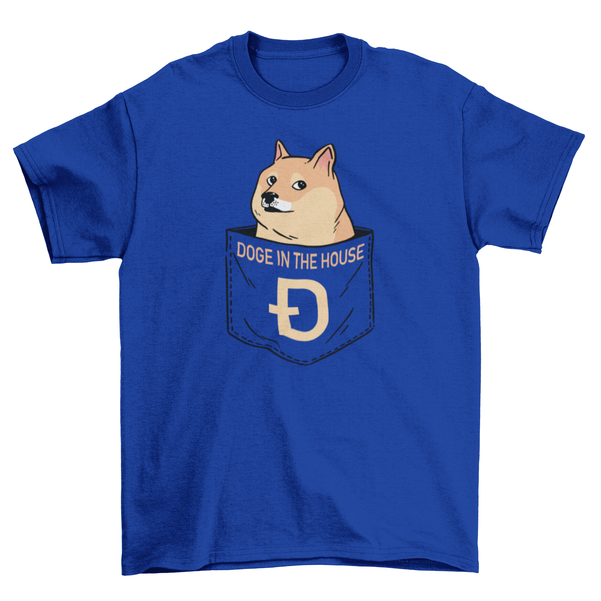 A stylish t-shirt featuring a cute dog design peeking out of a pocket with the quote 'Doge in the house'.