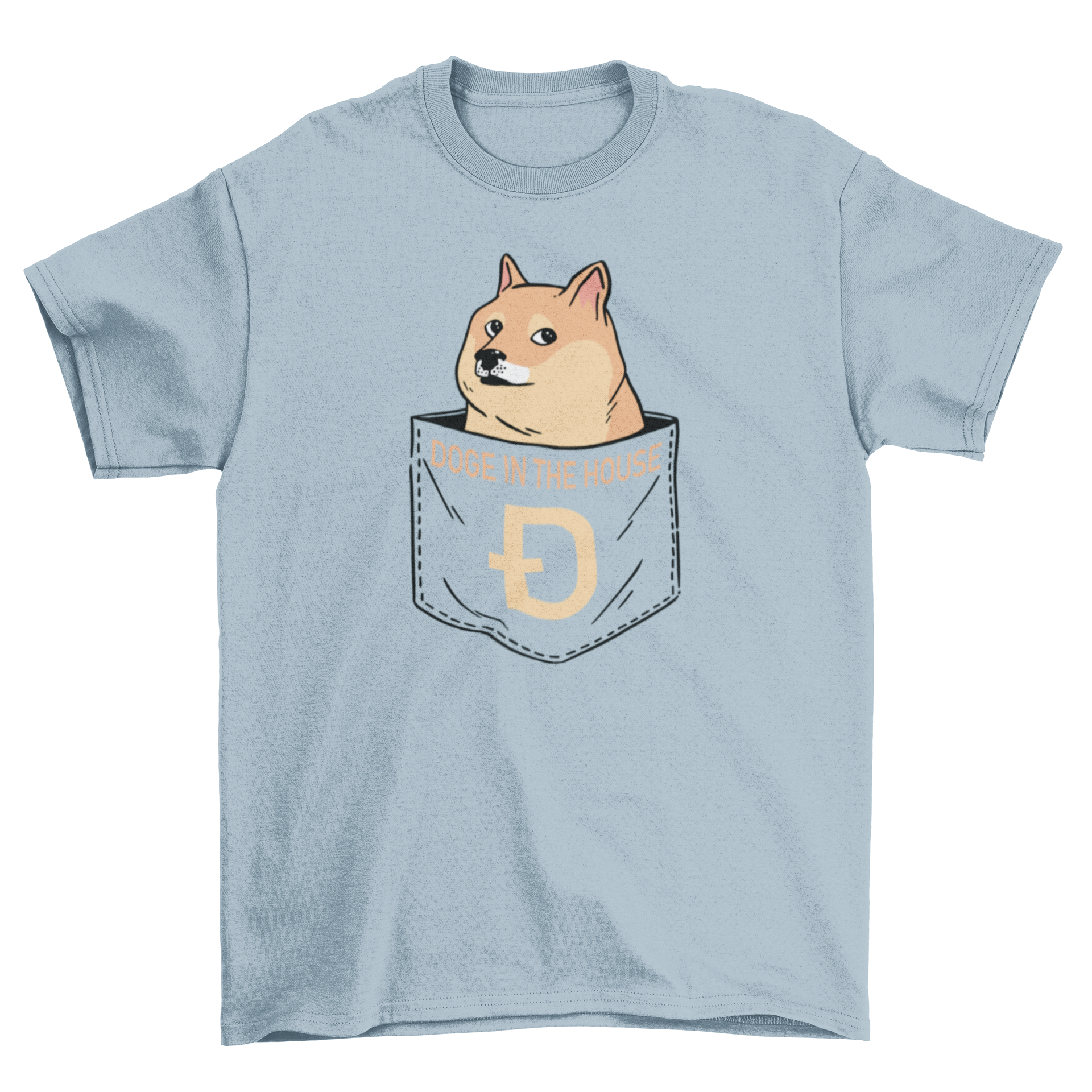 A stylish t-shirt featuring a cute dog design peeking out of a pocket with the quote 'Doge in the house'.