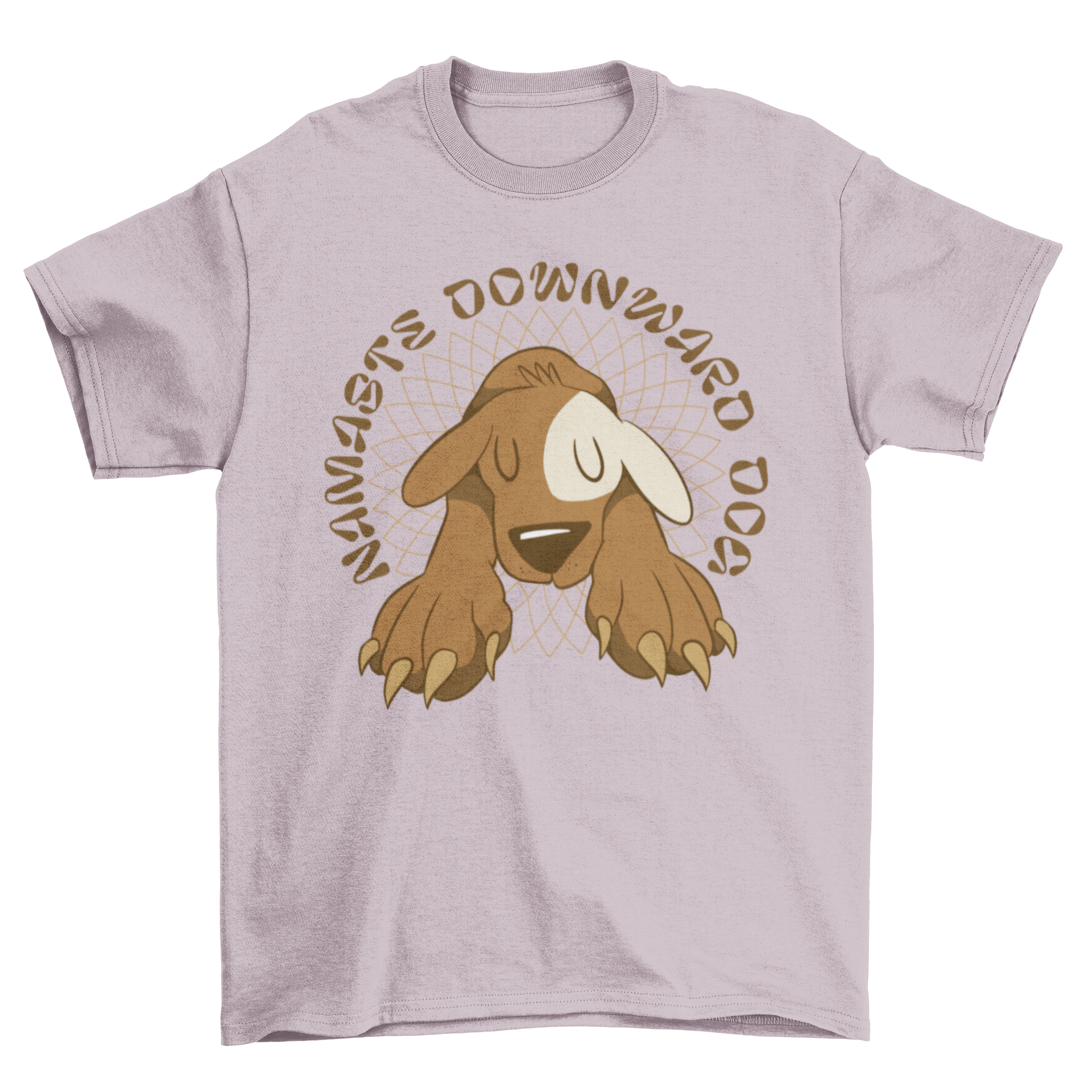 A cute t-shirt featuring a dog in a yoga pose with the quote 'Namaste downward dog', perfect for dog lovers.